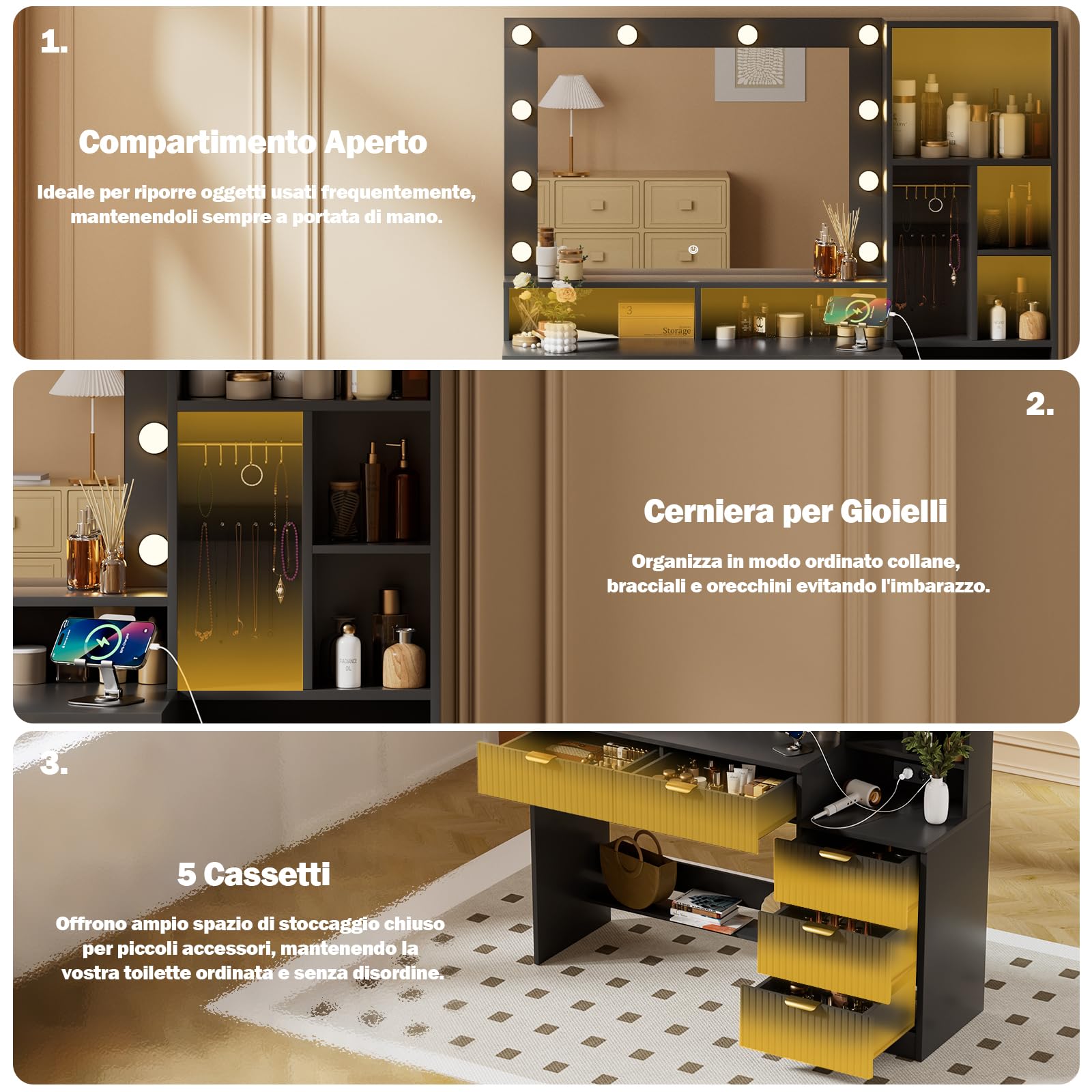TRIUMPHKEY Toeletta Trucco con Specchio e Luci,Tavolo da Toilette con Cassetti, Postazione Trucco con Ripiani Aperti, Ganci per Gioielli e Presa Elettrica per Camera da Letto,Moderno (Nero)