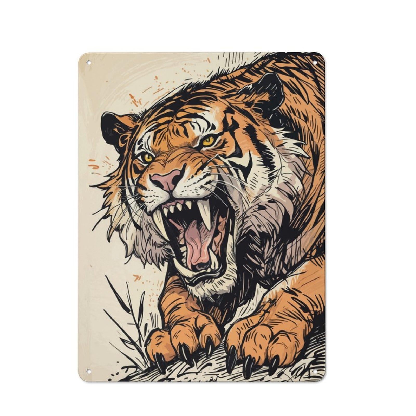 Junmoney Roaring Sabertooth Tiger Illustration Metal Plaque 40X30cm With For Hallway Wall, Rustic Decor, For Garage, Workshop And Man Cave Decoration