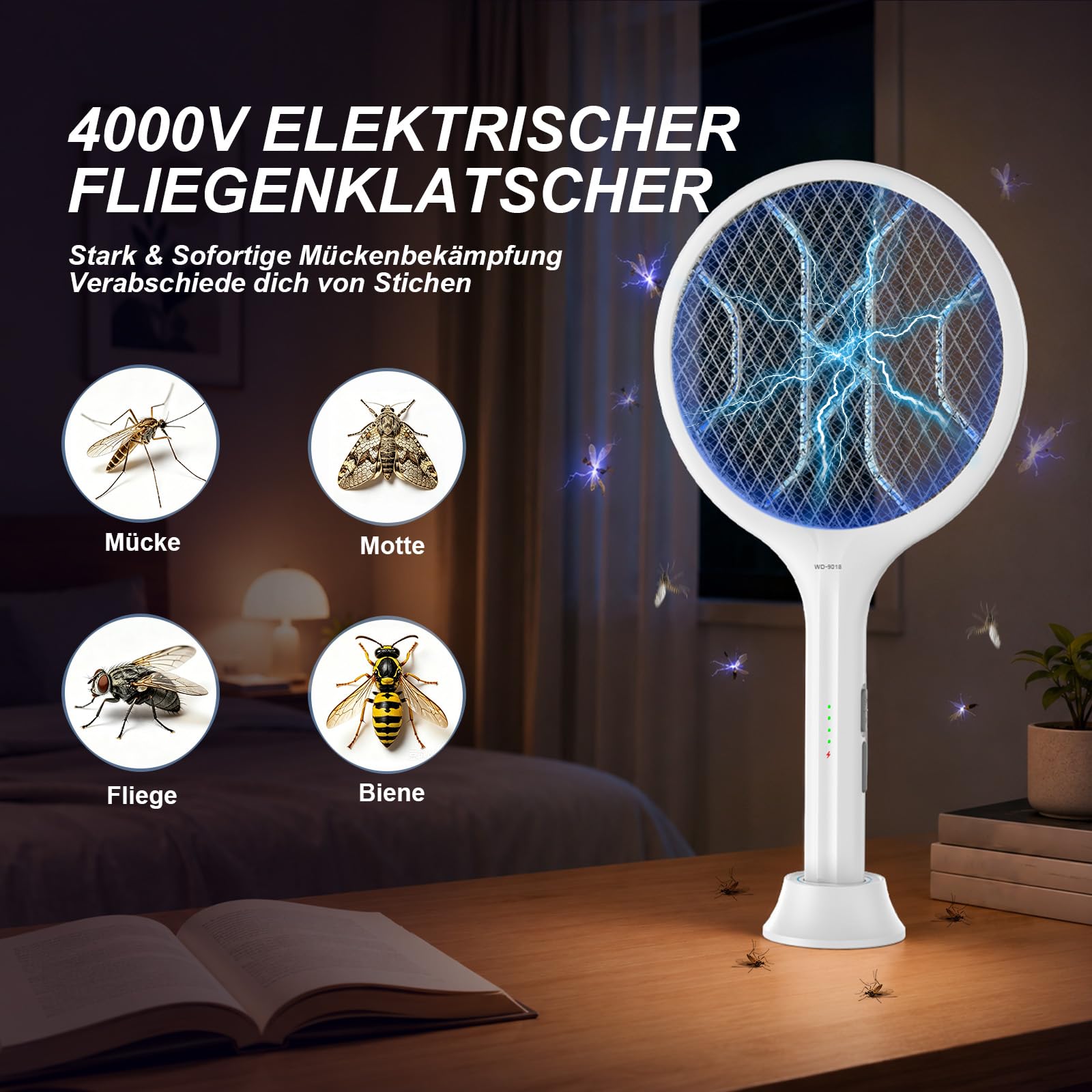 Elektrische Fliegenklatsche 4000V Bug Zapper Schläger Dual Modi Mückenvernichter mit Lila Mückenlicht Wiederaufladbar für Indoor Home Office