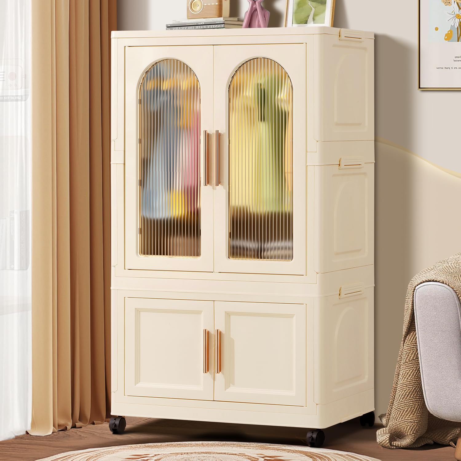 Portable Kids Closet Children's Wardrobe Collapsible Plastic Large Baby Clothes Cabinet Bedroom Nursery Armoire Quick Install Toddler Dresser with Hanging Rod and Door,White