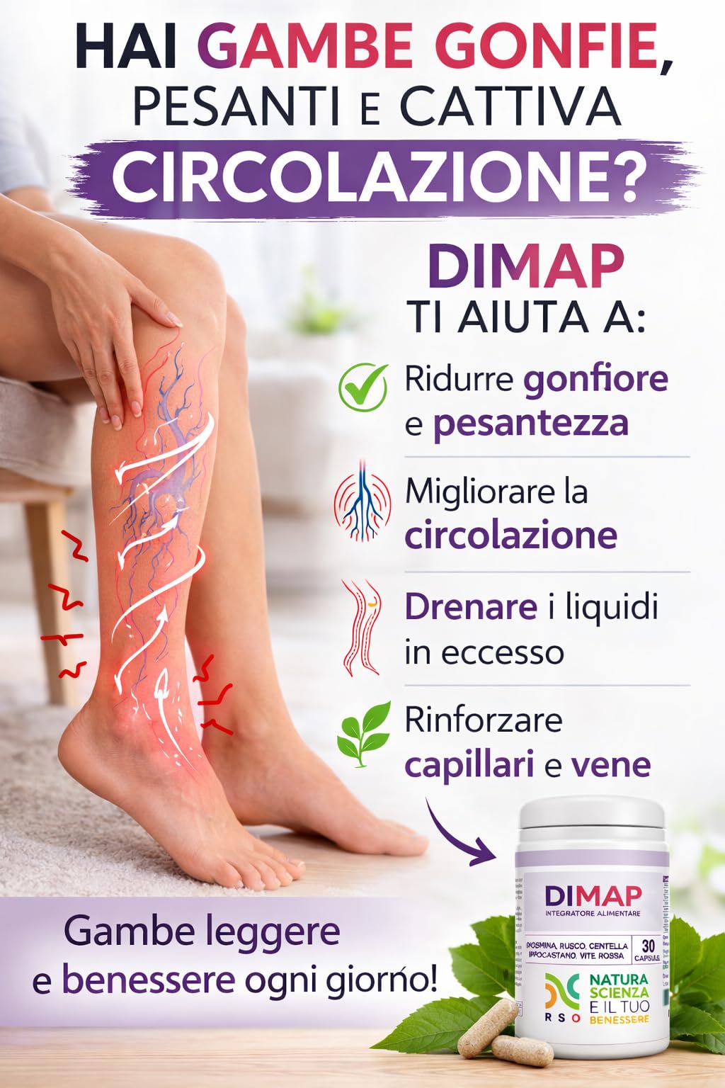 DIMAP Circulation Jambes Gonflées et Varices | Diosmina 500 mg, Centella, Rusco | 30 Capsules | Complément pour Lourdeur, Microcirculation et Capillari | Fabriqué en Italie
