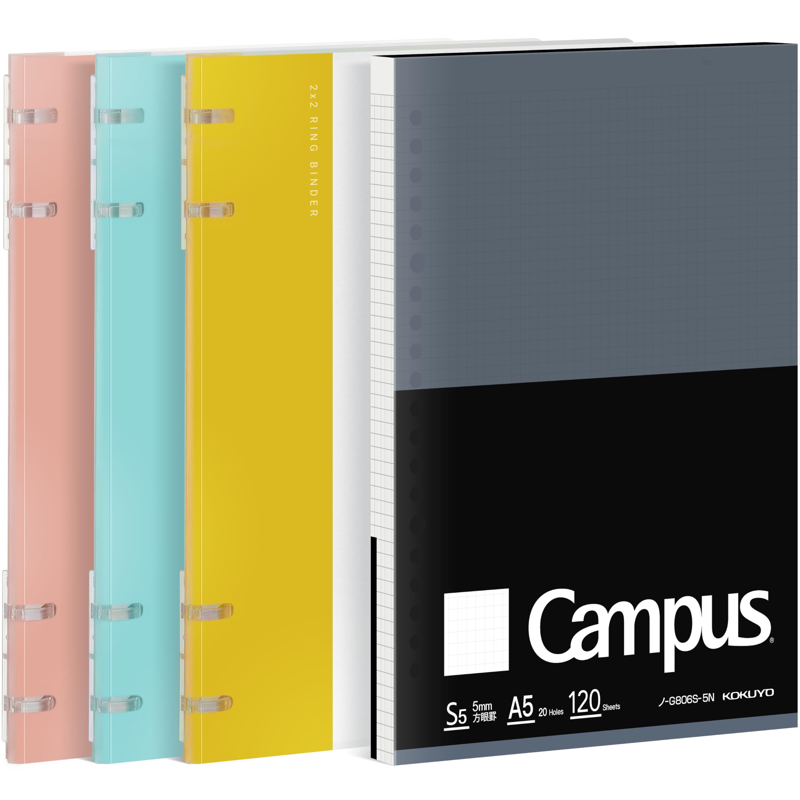 KOKUYO 2x2 Spiral Binder Notebooks, 3 Pack Refillable Notebook with Loose leaf Paper. Pre-Packed 10 Sheets in 8mm Ruled Each, Notebooks for School & Work (Light Color, A5, 5x5 Grid*120 Sheets)