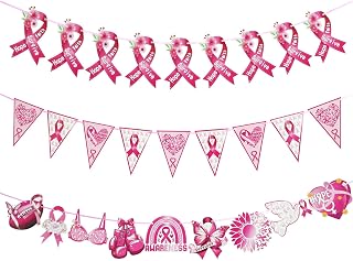 Juego de 3 banderas y kit de decoración octubre rosa 2025 - cinta rosa de sensibilización sobre el cáncer de mama, accesorios para octubre rosa, escaparates, colecciones, escalones y eventos de