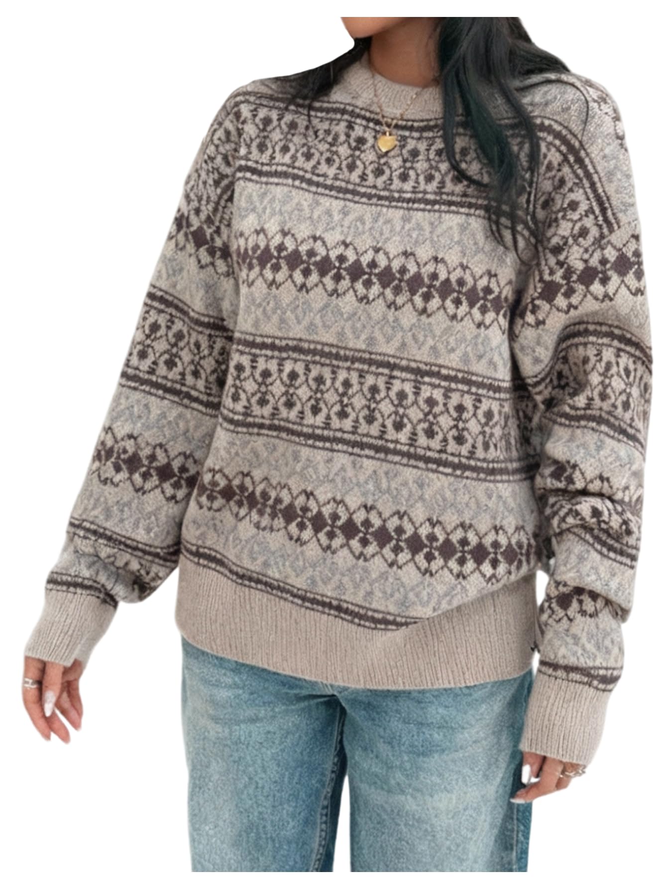 MakeMeChic Womens Ugly Fair Isle Oversized Sweater Crew Neck Long Sleeve Retro Vintage Pullovers Tops