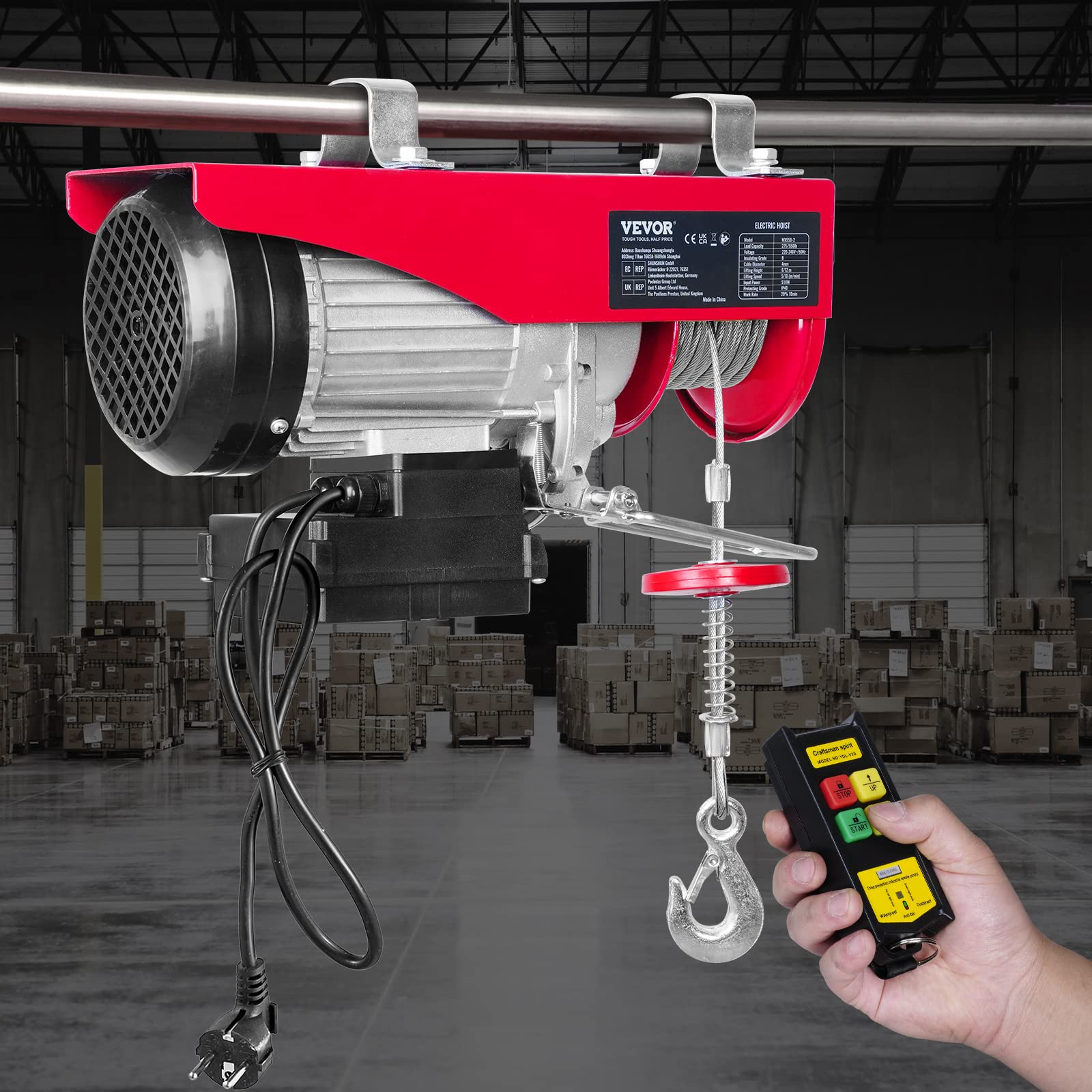 VEVOR 230V Elektrische Seilwinde 125kg-250kg 12m Hubhöhe 510W Motor 10m/min Hebezug mit kabelloser Fernbedienung