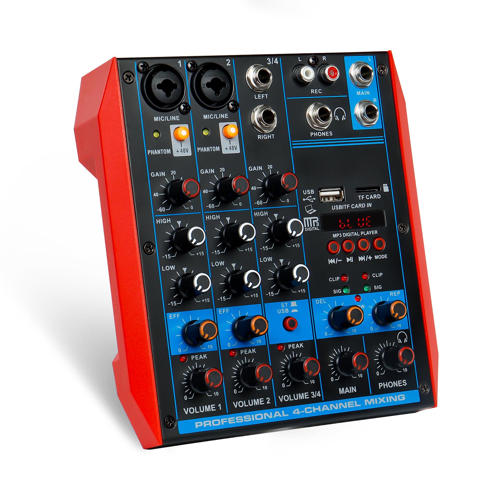 4 Channel Audio Mixer Portable Mini Sound Board Console with USB Audio Interface 48V Phantom Power Bluetooth USB MP3 DJ Mixer for Live Performance DJ Stage