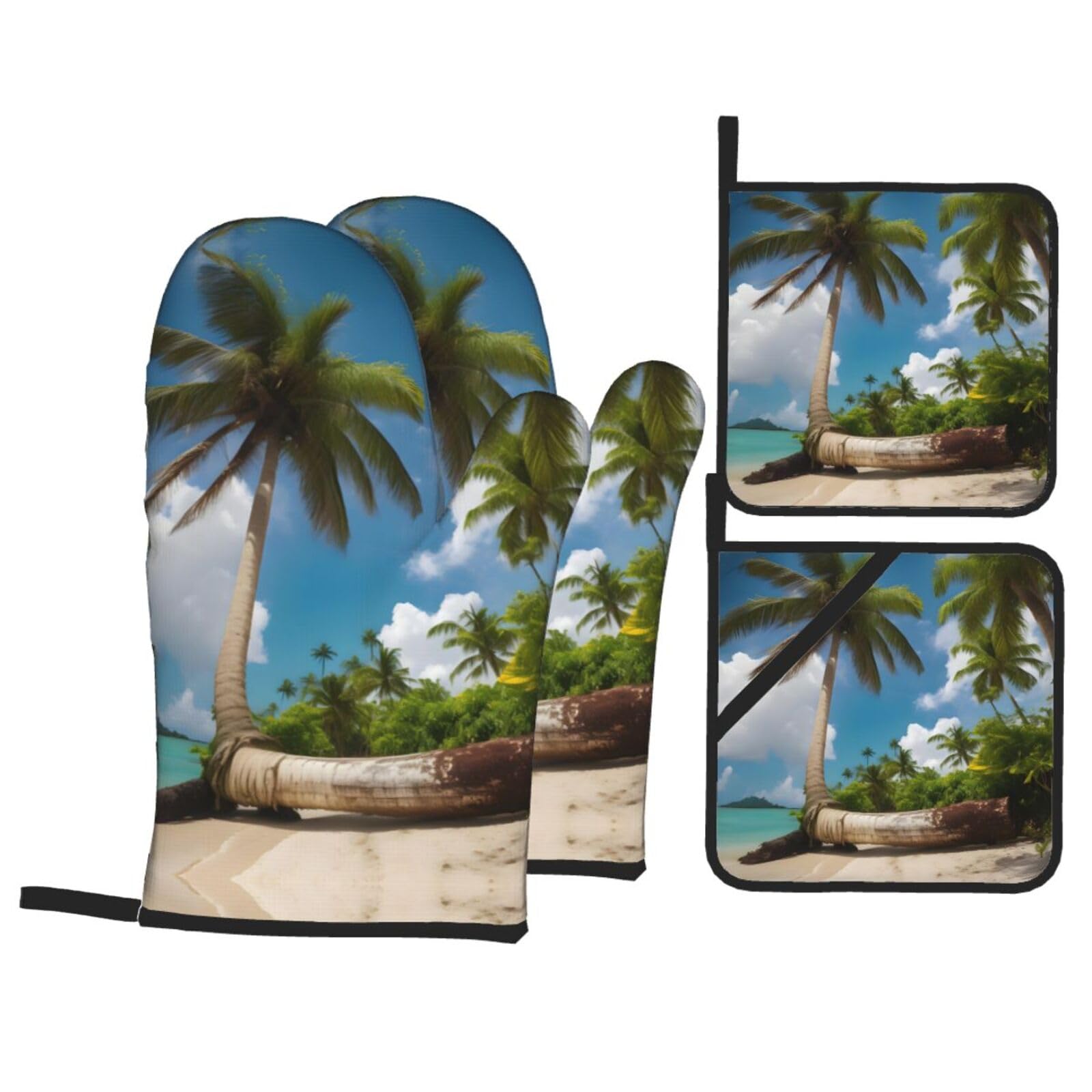 Two Palm Tree Tropical Print Oven Microwaving Waterproof Kitchen Gloves for Baking Grilling Holiday Cooking