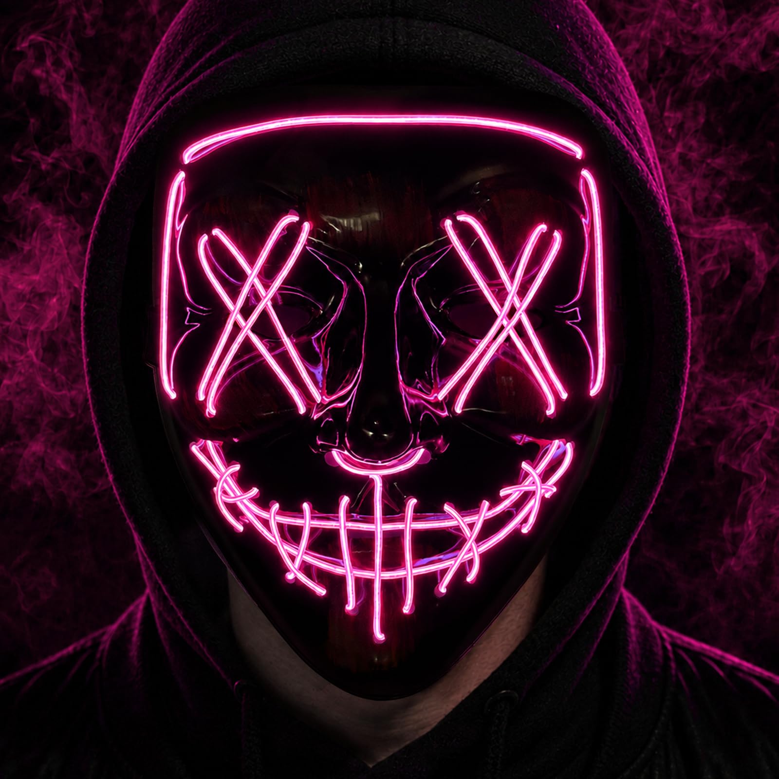 Peywot Halloween Mask LED Light up Mask, The Purge Mask with 3 Lighting Modes, Scary Mask for Festival Cosplay (Pink)