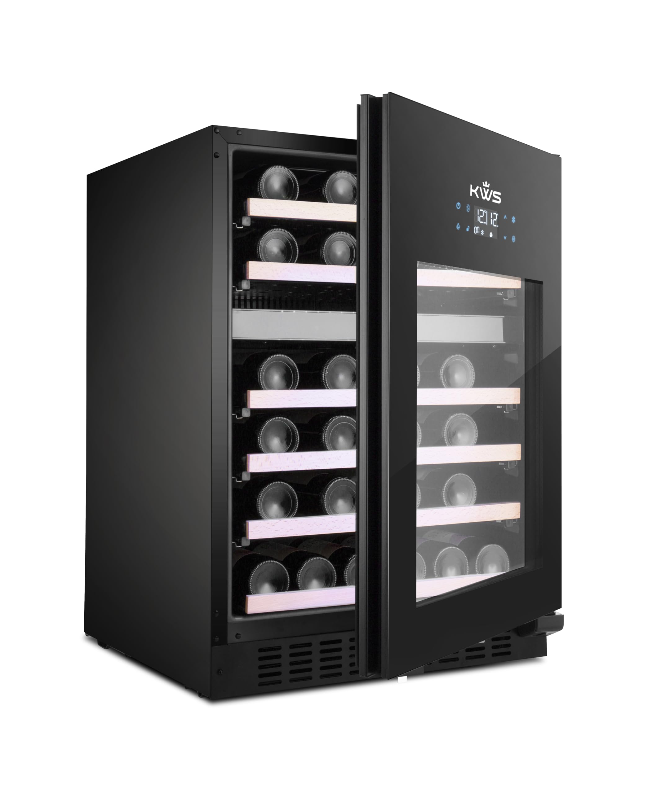 KWS WF-46DS Premium Dual Zone Wine Refrigerator, UL & DOE Certified, Full Glass Door with Airtight Seal, 41 Bottle Capacity, Adjustable LED Lights, Low Noise & Vibration, Freestanding Design