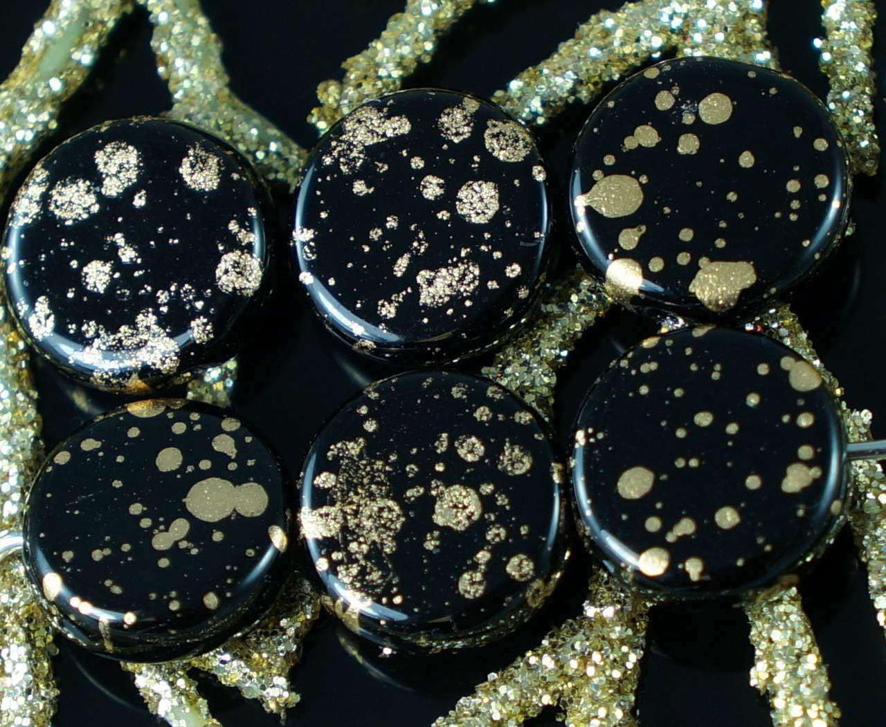 Black Gold Spotted Czech Glass Flat Round Coin Beads 10mm 16pcs