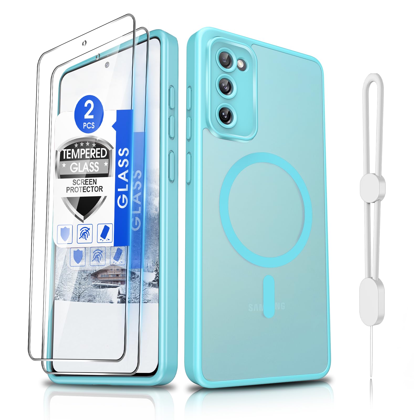 Dizn Magnetic for Samsung Galaxy S20 FE Case:[Not Fit S20],with Tempered Glass Screen Protector,Compatible with MagSafe,with Strap,Matte Translucent &amp; Military Grade Funda Protective S20FE, Teal