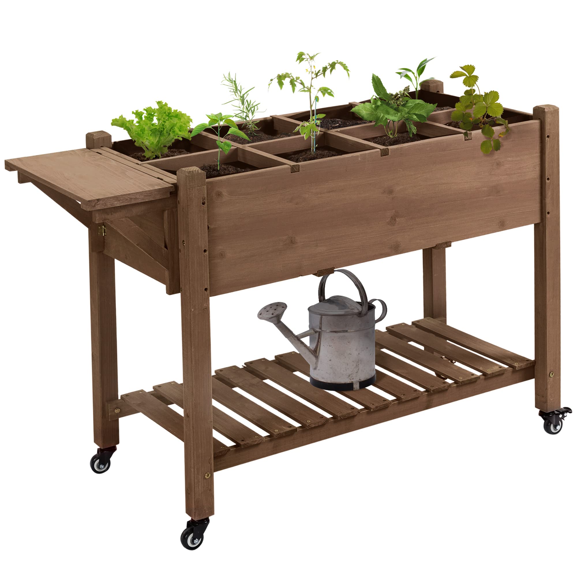Raised Garden Bed with 8 Grow Grids, Wooden Outdoor Plant Box Stand with Folding Side Table and Wheels, 49