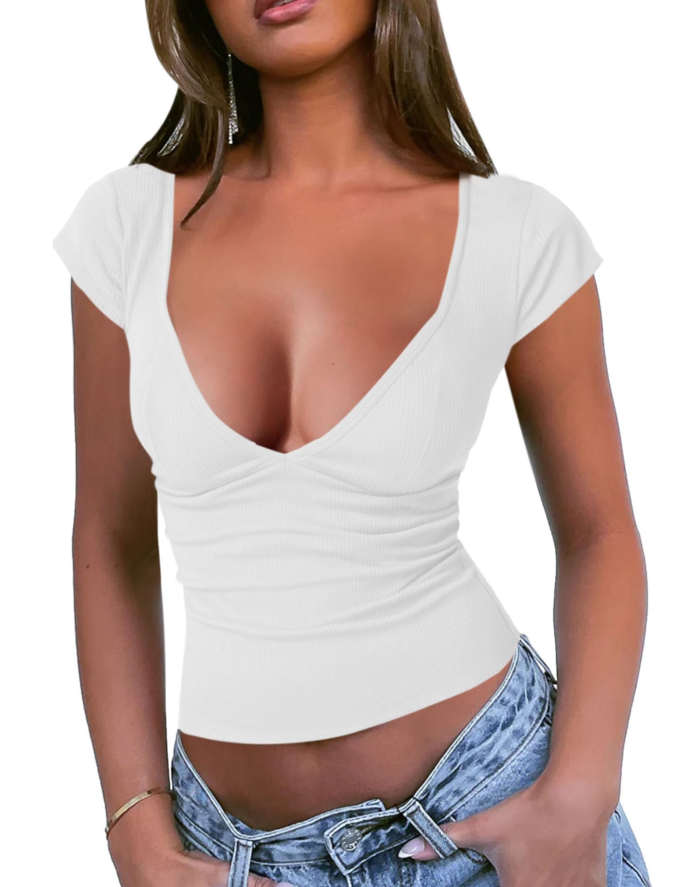 Fallorchid Women's Sweetheart Neck Ribbed Knit Top Short Sleeve Sexy Slim Fit T Shirt Medium White