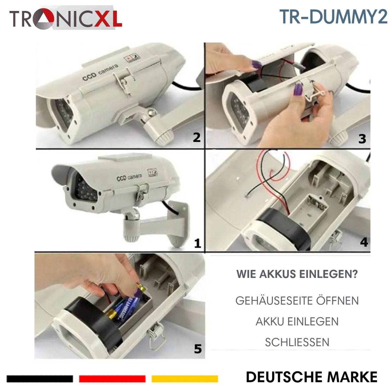 TronicXL Telecamera di sorveglianza solare di alta qualità, CCTV con LED lampeggiante, CCD professionale, per interni ed esterni