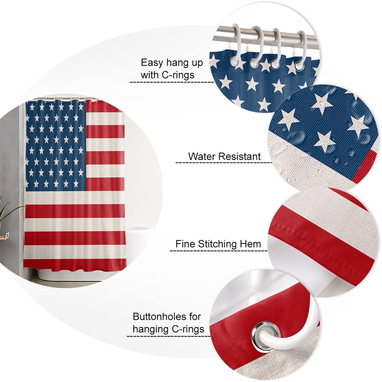 Shower Curtain for Bathroom,Classics US Flag Background Shower Curtain, 3D Printing Waterproof Durable Polyester Cloth Bath Decoration, 36x72IN