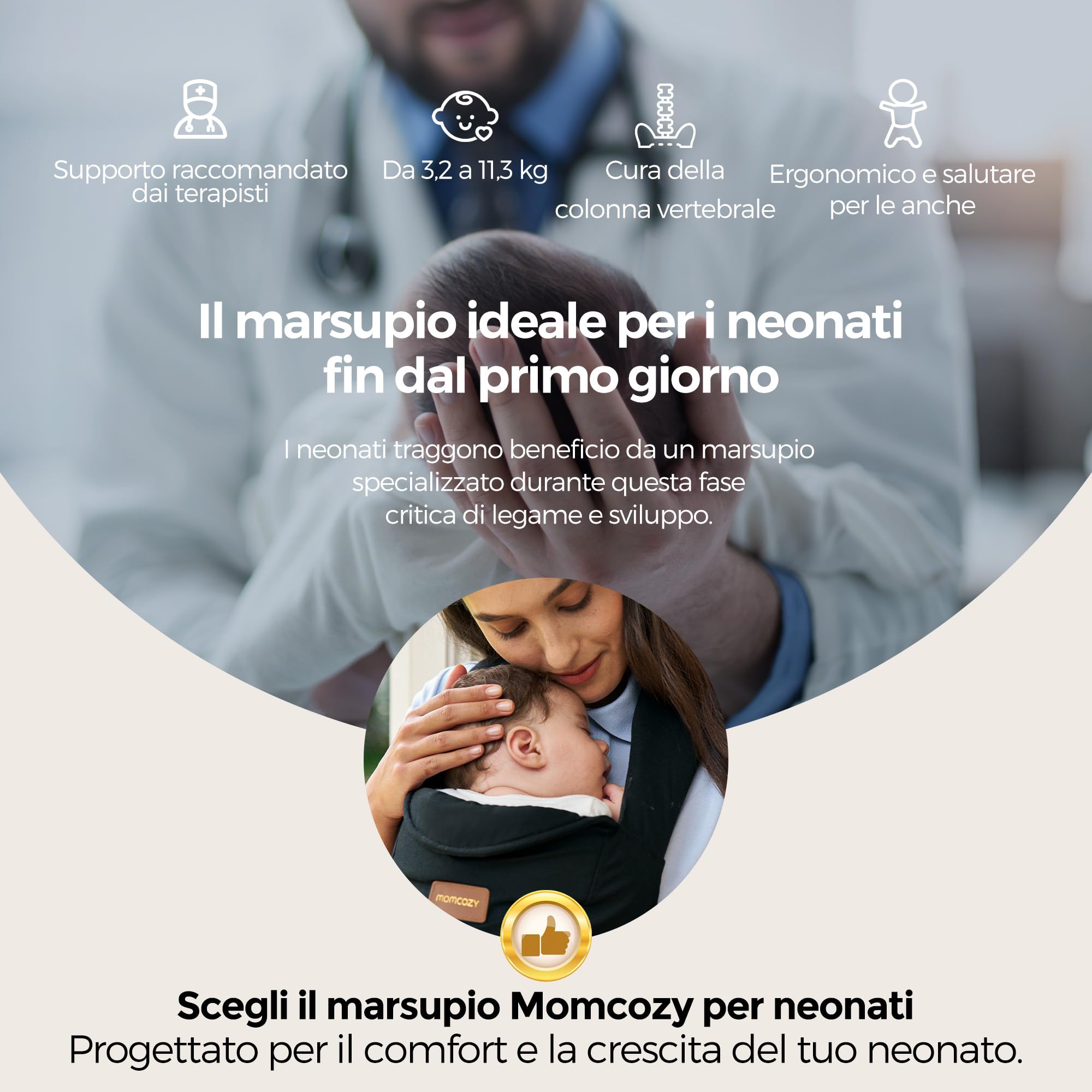 Momcozy Marsupio per neonati dalla nascita, ergonomico con supporto per il collo, leggero e sicuro (3-11 kg), nero