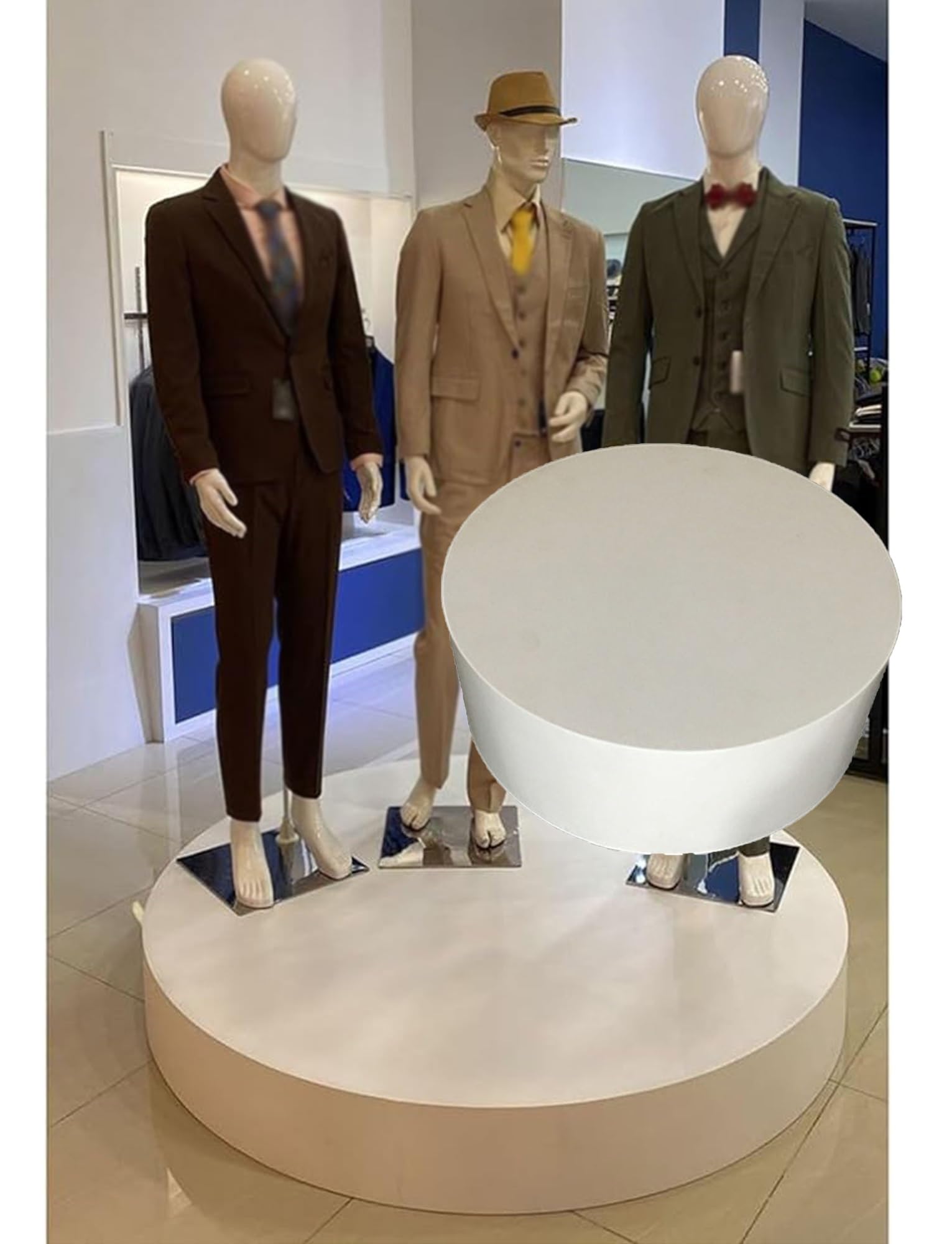 Présentoir rond beige 61x10cm à base cylindrique pour vitrine de magasin