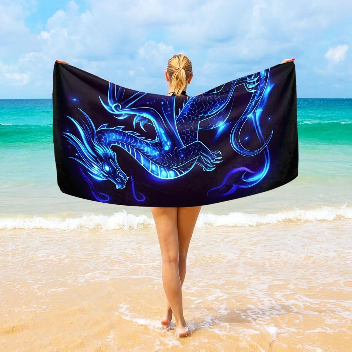 SUABO Oversized Beach Towel Blue Dragon Sideways Beach Blanket,Quick-Drying and Lightweight Bath Towels,Pool Camping Soft Towels Travel Essentials,71x32 inch
