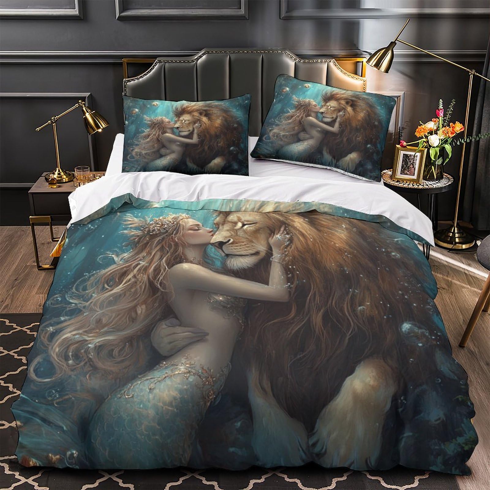 Housse de couette lion 3D 200x200cm avec 2 taies d'oreiller en microfibre