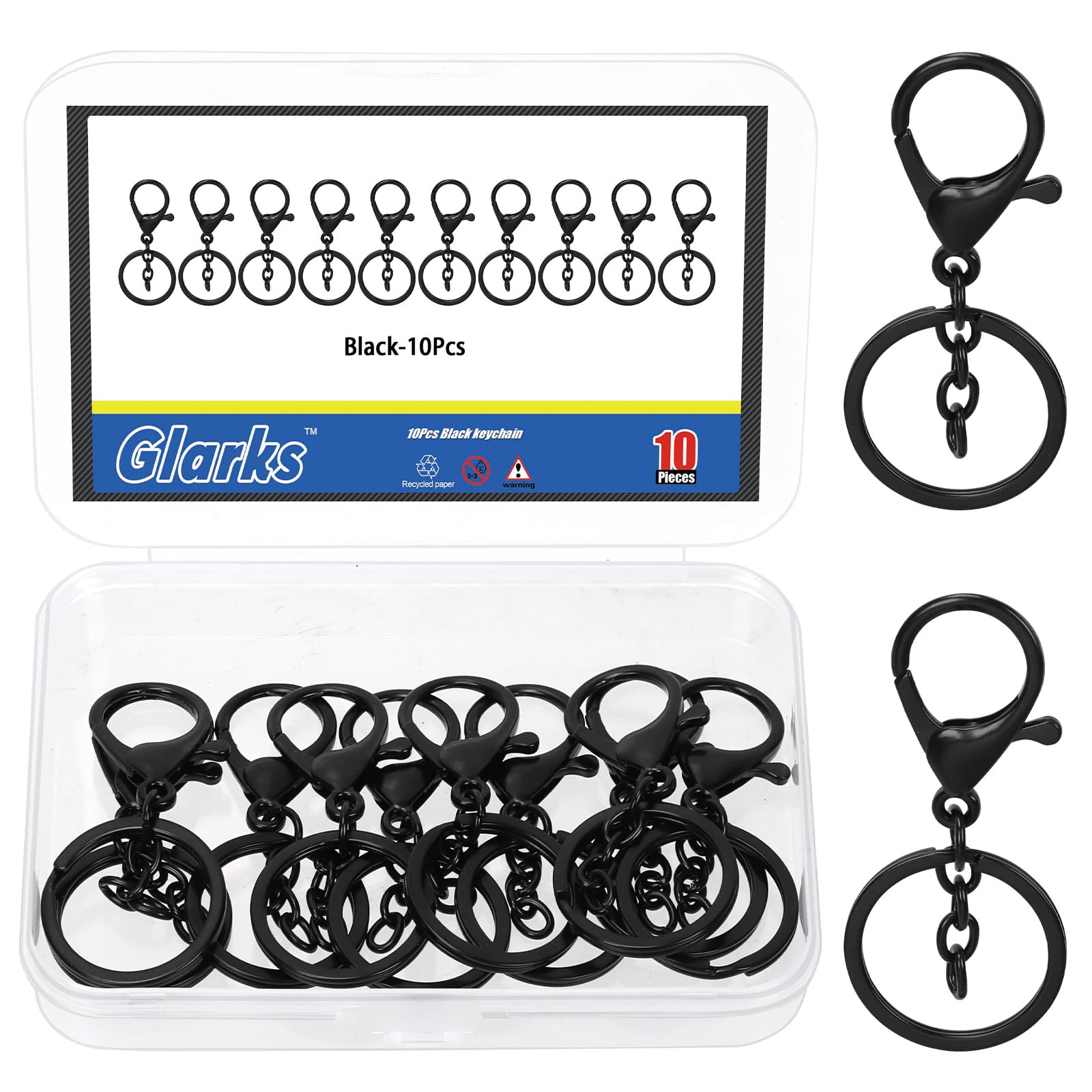 GLARKS 10pcs Blcak Metal Lobster Claw Clasps with Chains and Key Rings Kit, 32mm Lanyard Snap Keychain Hook, Lobster Clasp Trigger Clips, Lobster Clasp Hook for DIY Bag, Key Ring, Craft Making