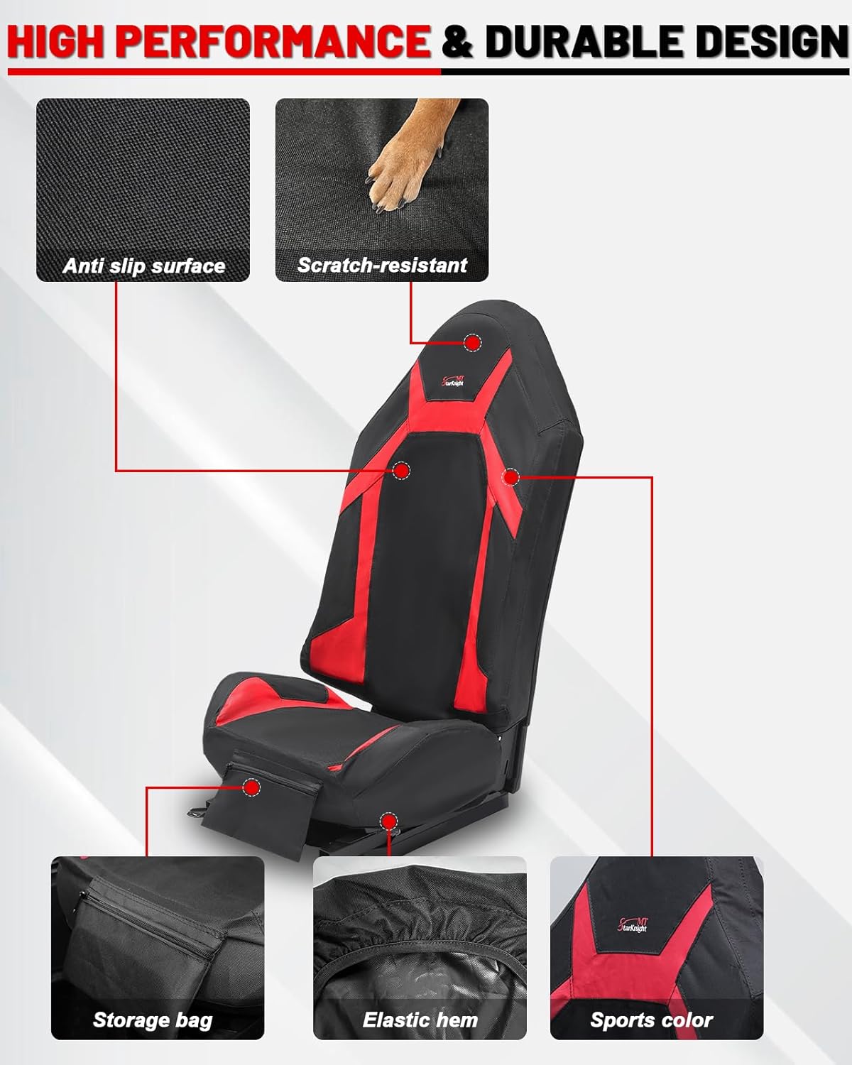 StarknightMT RZR XP Seat Cover Compatible with Polaris RZR XP 1000 2014-2023/18-22 RS1/ 17-21 Turbo Water-Resistant Black & Red with Pocket 1680D Cushion Protection