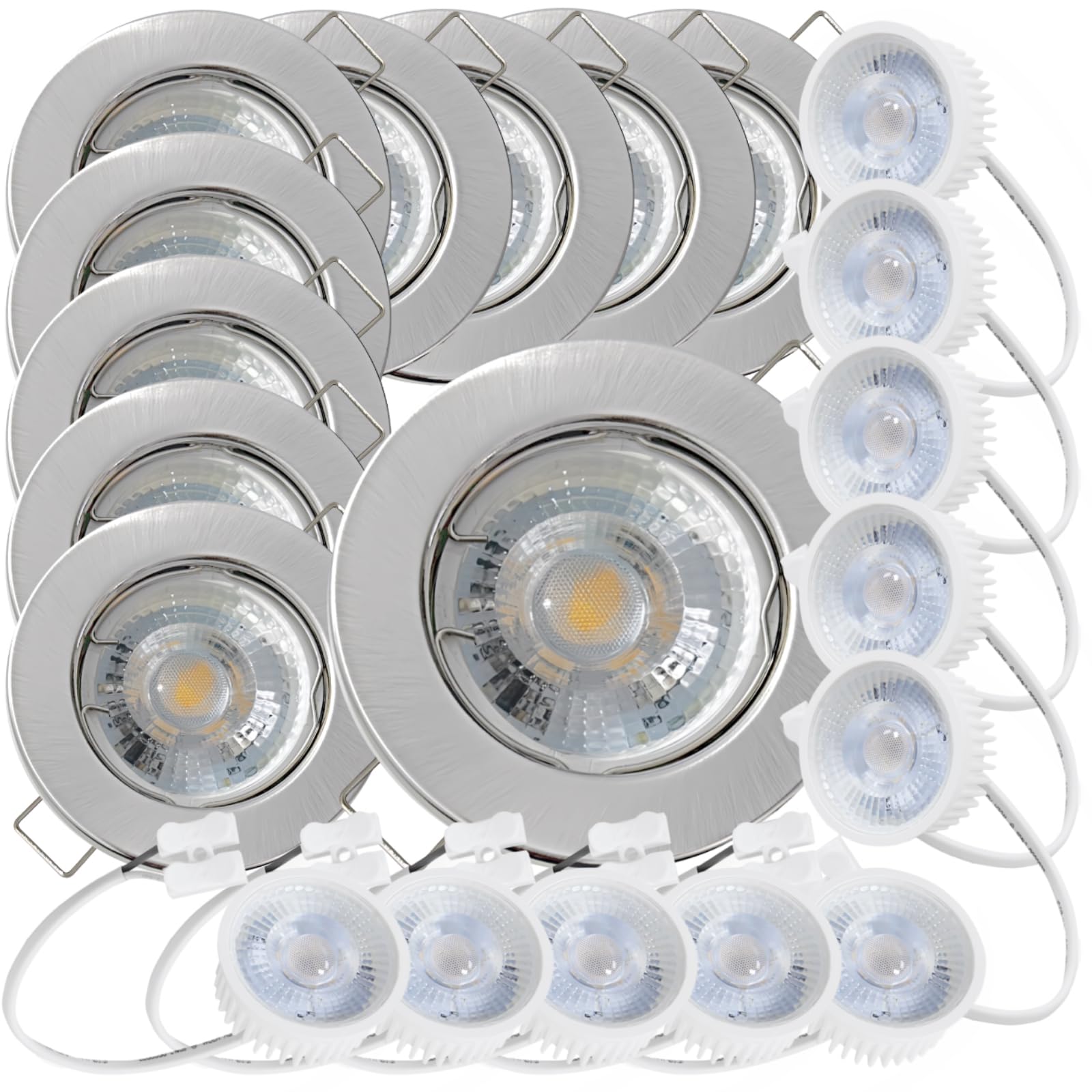 10 Stück flacher LED Einbaustrahler Lotta 230V 5W COB Warmweiß 3000K | IP20 | Farbe: Edelstahl gebürstet | Kompakte Einbauleuchten | Moderne Deckenspots für Wohnbereich