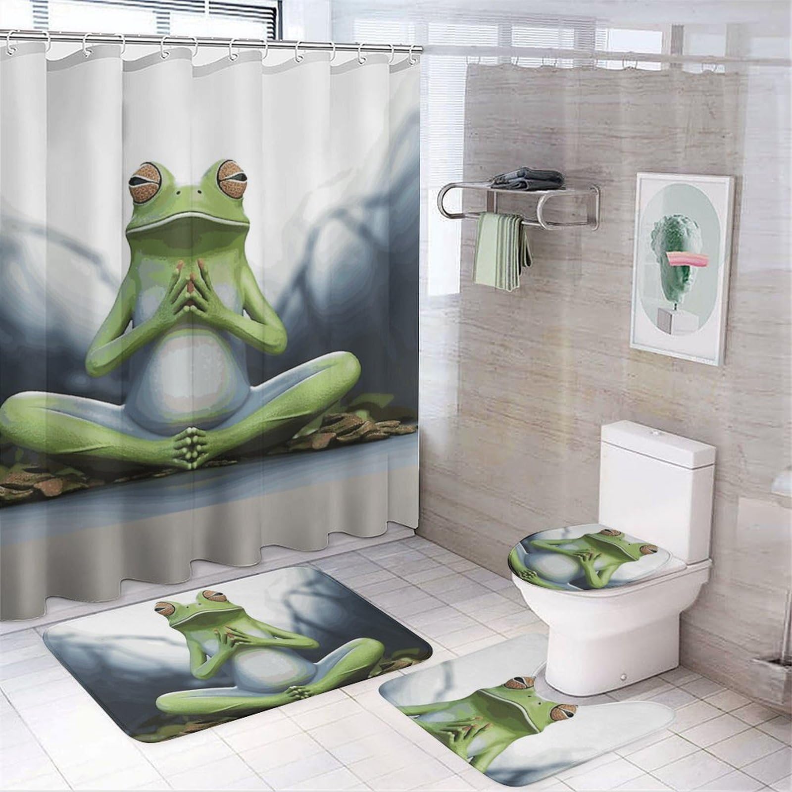 Rideau de douche grenouille yoga ensemble de bain 4 pièces avec tapis antidérapant et abattant