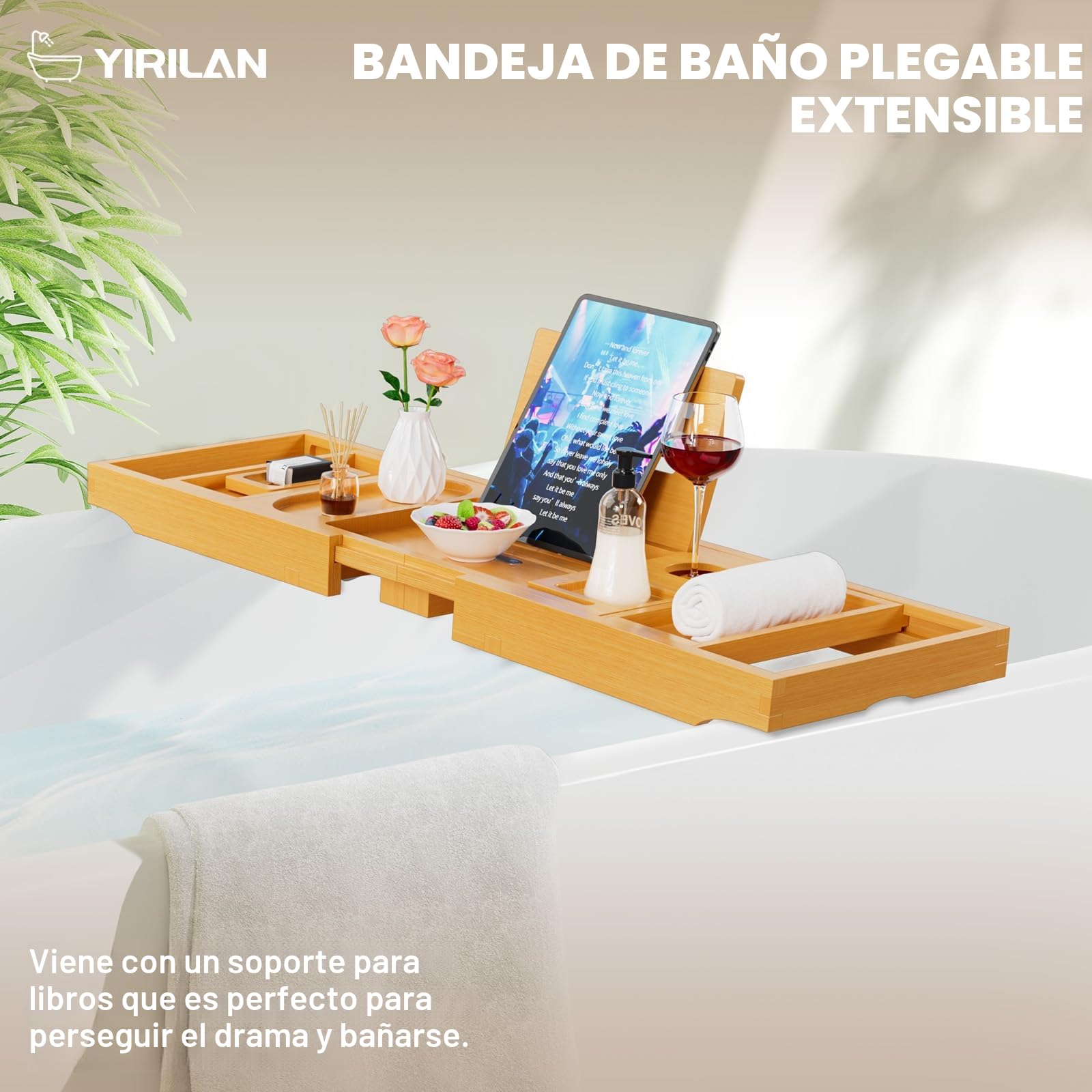 Bandeja plegable de bambú para bañera, 41 pies, bandeja para bañera retráctil, ajustable con sujetalibros, soporte para jabón, toallero y soporte para copas de vino