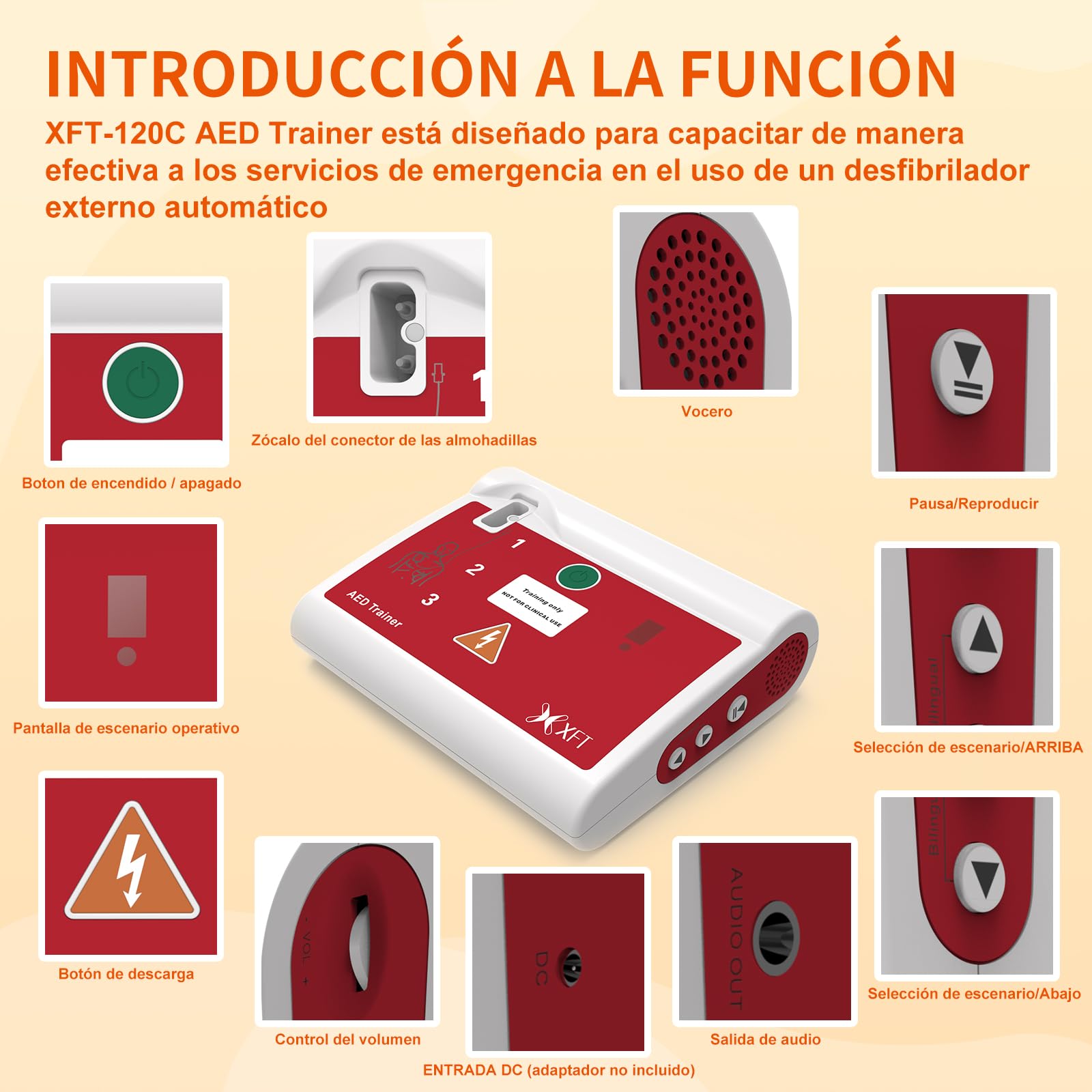 AED Trainer Portátil, XFT-120C Desfibrilador de Entrenamiento, DEA Trainer para Curso de SVB y DEA, Bilingüe Español & Inglés, Desfibrilador Formacion con Control Remoto, 10 Escenarios