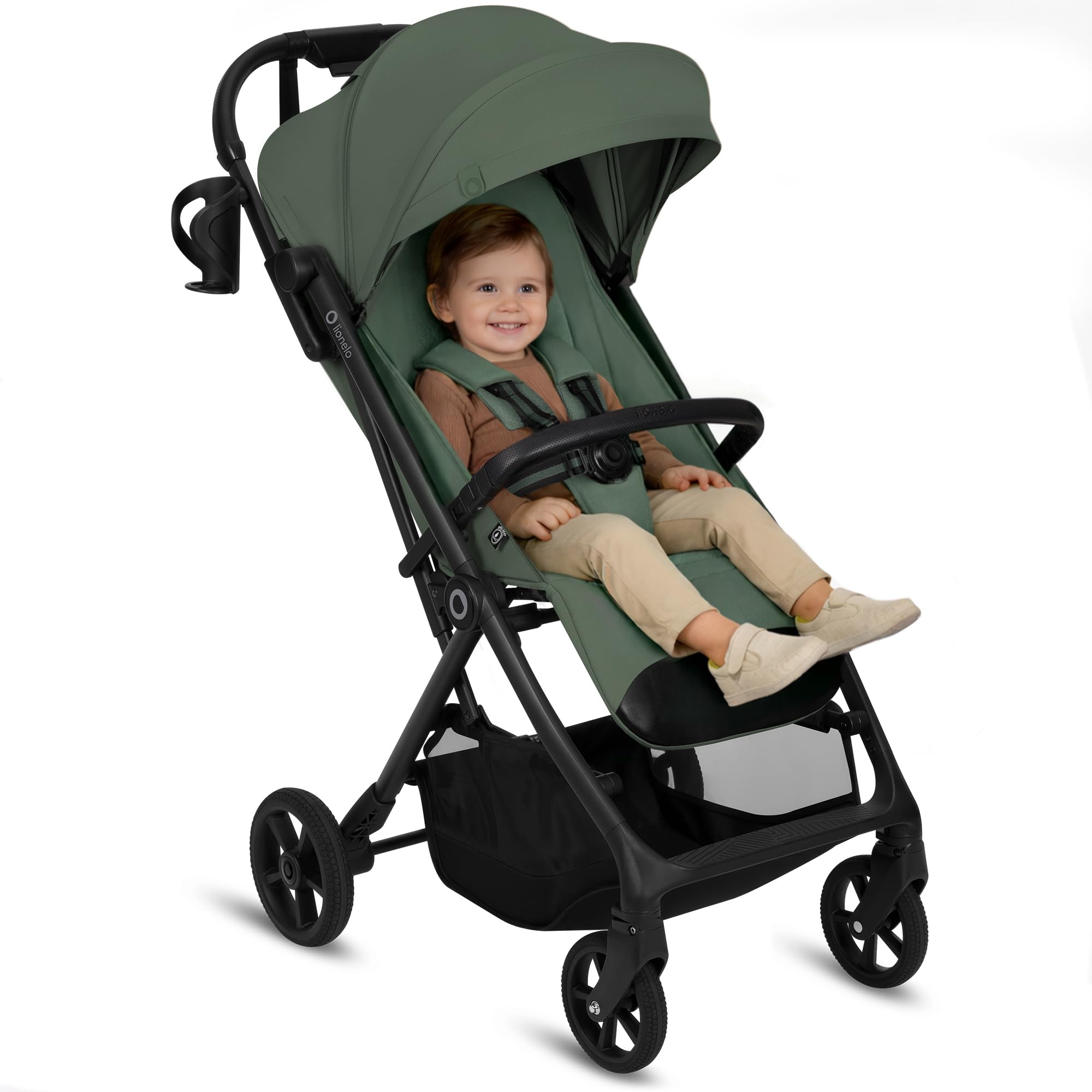 Lionelo Tansi Poussette Canne Compacte Légère jusqu’à 22 kg Pliage une Main Rapide, Suspension et Roues GravelTech, Dossier 3 Positions, Grand Panier 3 kg, Capote Pare-Soleil UPF50+ (Vert)