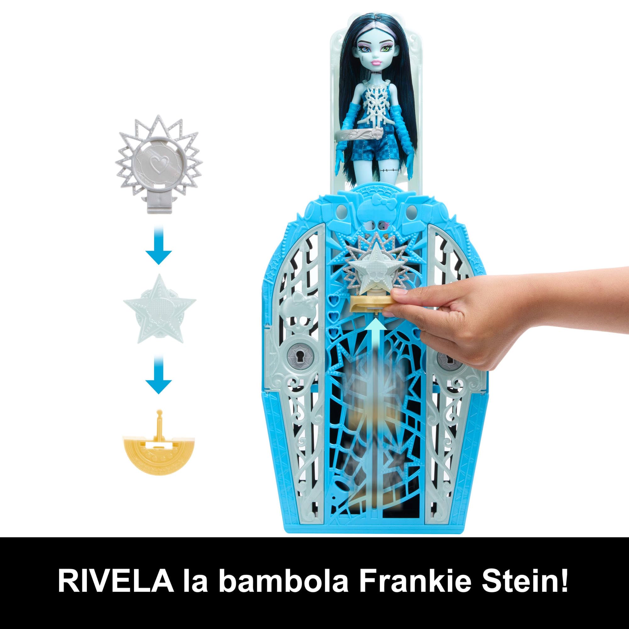 Monster High Segreti da Brivido - Frankie Stein I Misteri di Hauntlywood, bambola con abiti, guardaroba e 19 accessori glamour a sorpresa inclusi, giocattolo per bambini, 4+ anni, JBG81