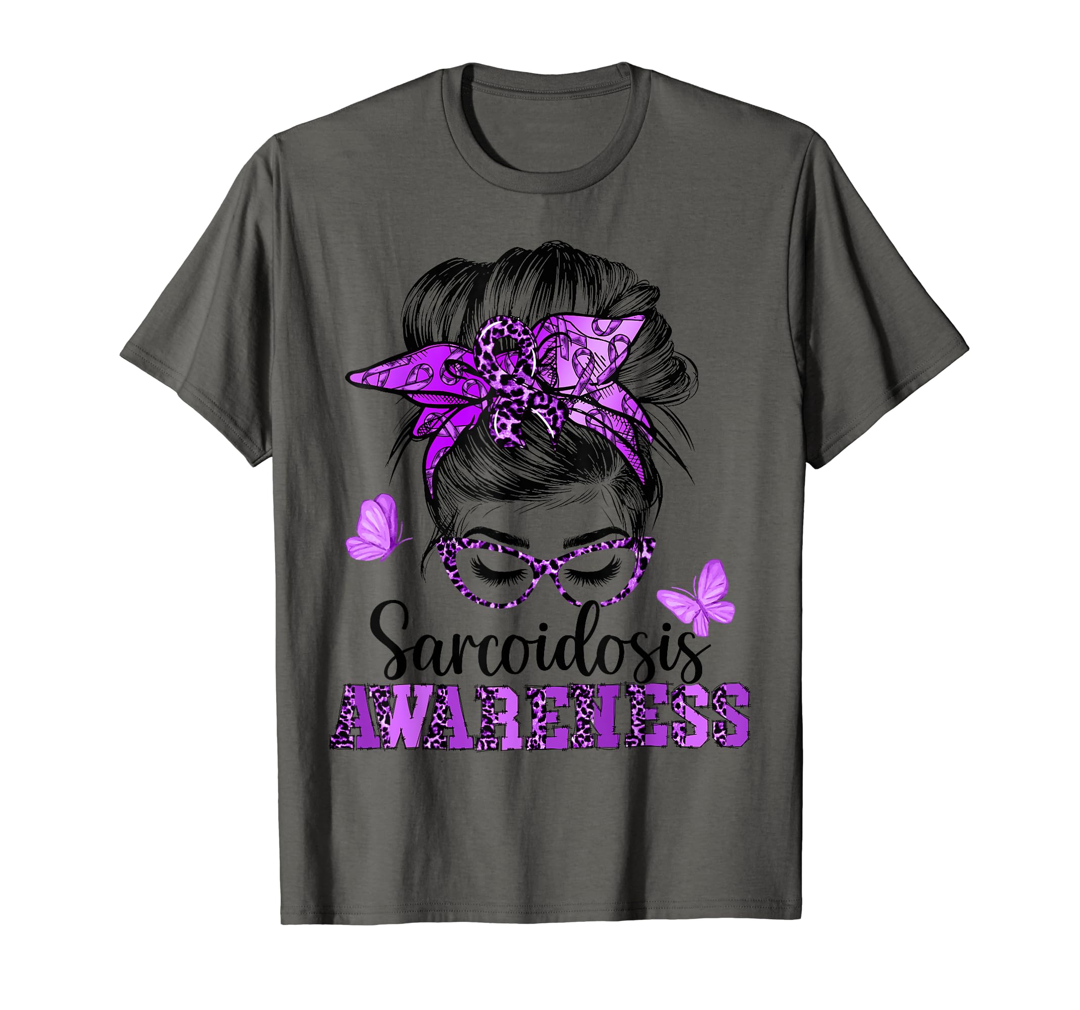 Sarcoidosis AwarenessMessy Hair Bun Purple Ribbon Butterfly Sarcoidosis Awareness T-ShirtOEKO-TEX STANDARD 100