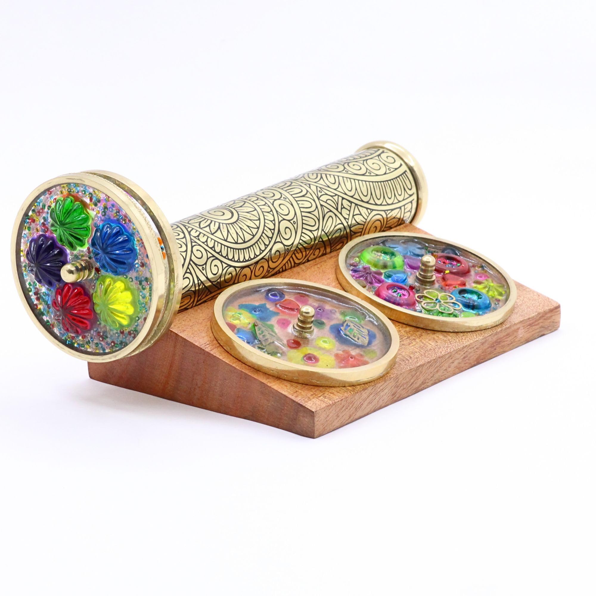 YVCrafts Handcrafted Etched Brass Kaleidoscope with Interchangeable Wheels & Wooden Display Stand  A Unique and Thoughtful Gift