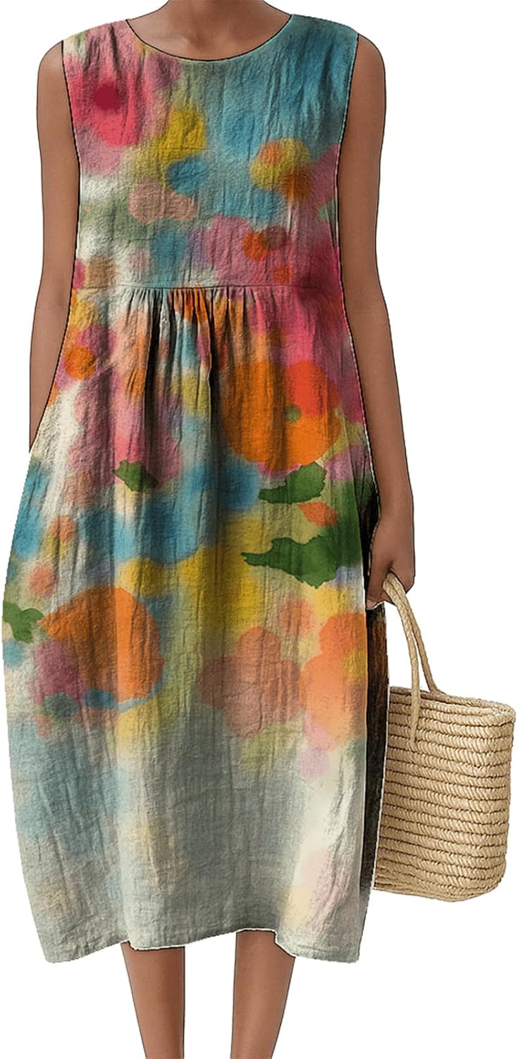 Womens Midi Dresses Summer Casual Sleeveless Crew Neck Floral A Line Sundress Boho Flowy Loose Dress