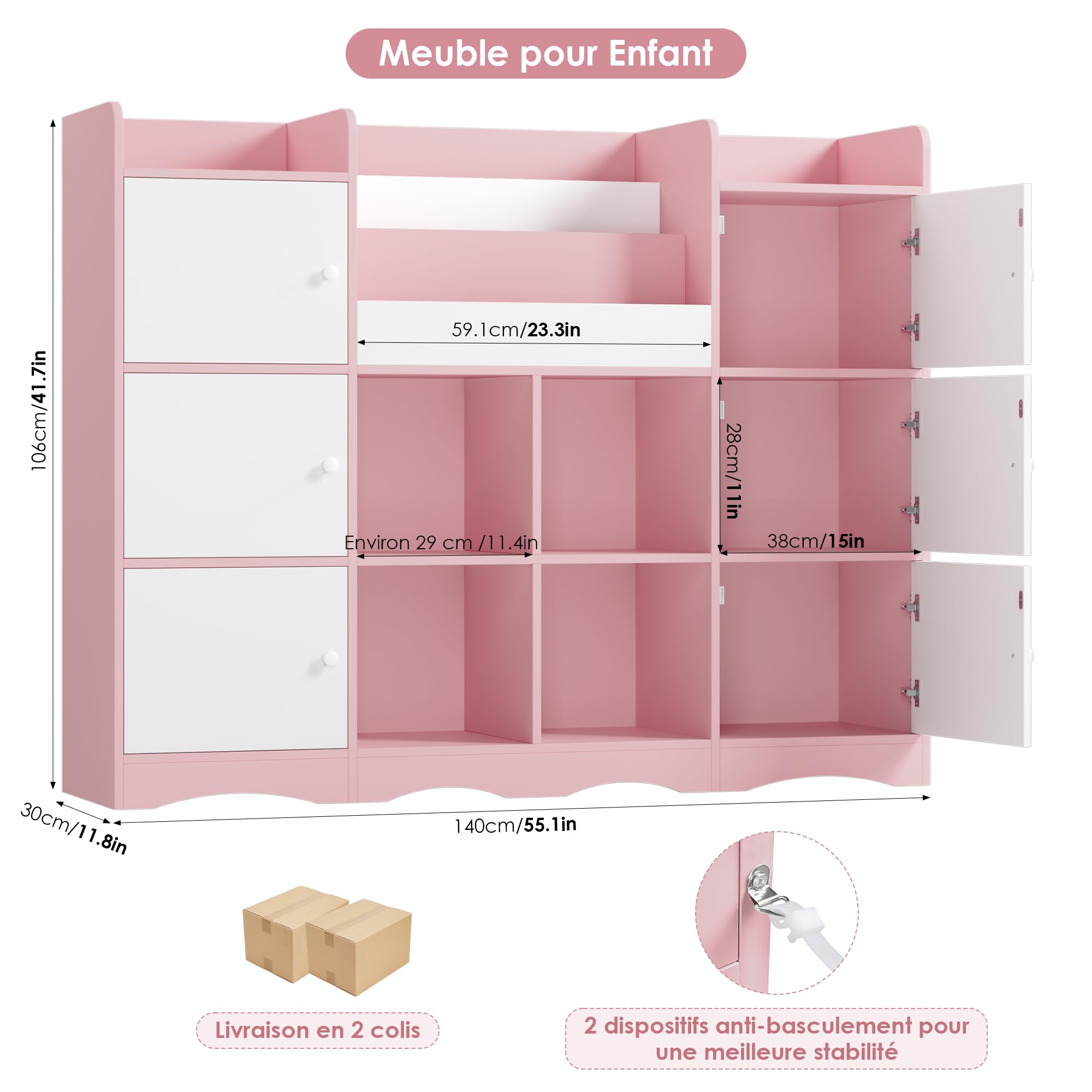 FOREHILL Meuble Rangement Enfant Bibliothèque Enfant avec 6 Portes 15 Étagères de Rangement Jouet Enfants pour Chambre Salle de Jeu 140x30x106 cm Rose
