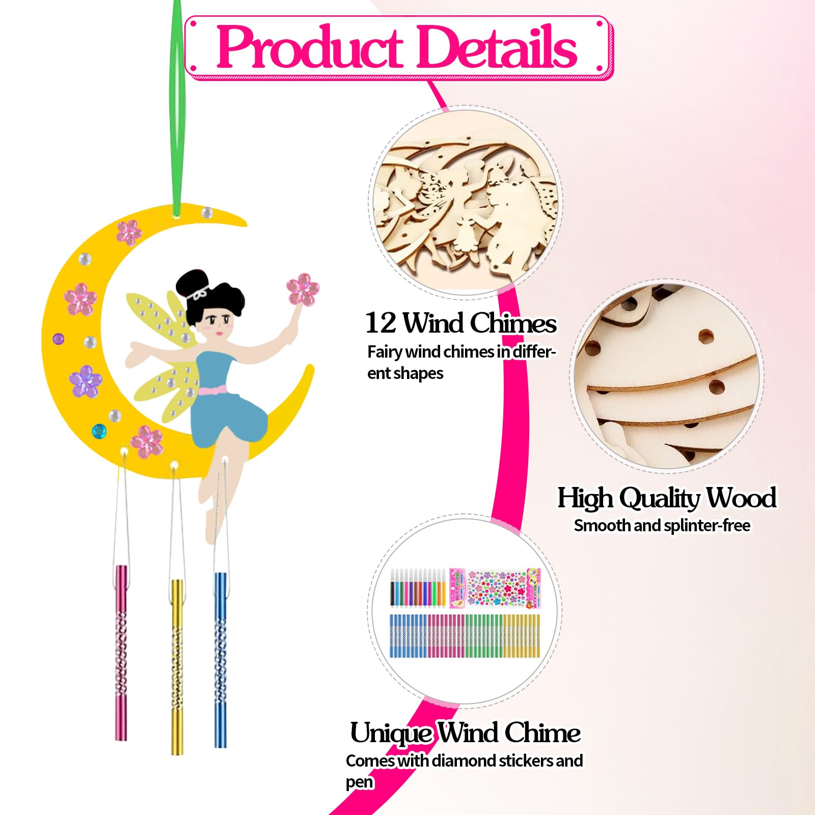 12Pcs Wind Chimes Craft Set, Fairy Painting Wooden Wind Chime, Wind Chimes Painting Kit, DIY Wooden Wind Chime Crafts, Make Your Own Fairy Wind Chime Kit, Fairy Windchimes Crafts Kit for Girls Boys - Image 3