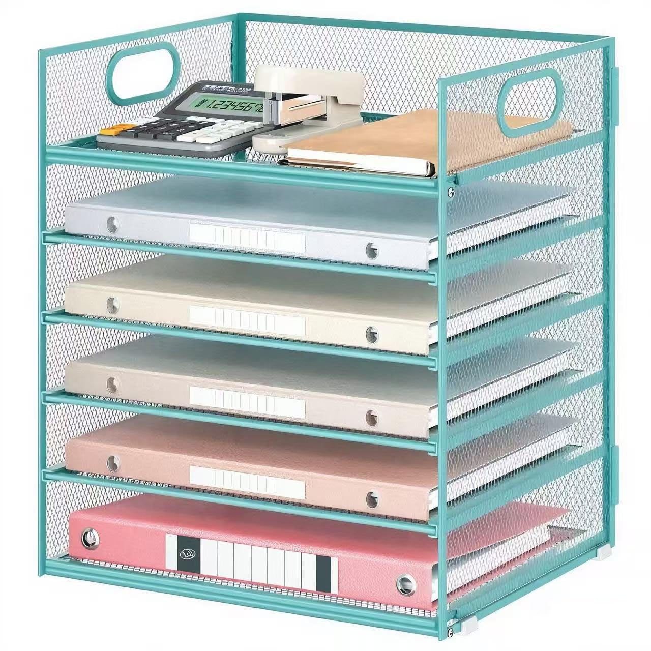 6 Tiers Letter Tray Paper Organizer with Handle, Mesh Desk File Organizer, Metal Desktop Document Shelf Organization, Paper Sorter Organizer for Office, Home or School File Folder Holder - Blue