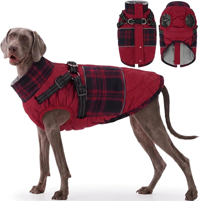 Casaco de Inverno para Cães MIGOHI com Arnês Integrado, Gola de Fleece e Faixas Refletivas, Vermelho, XXL