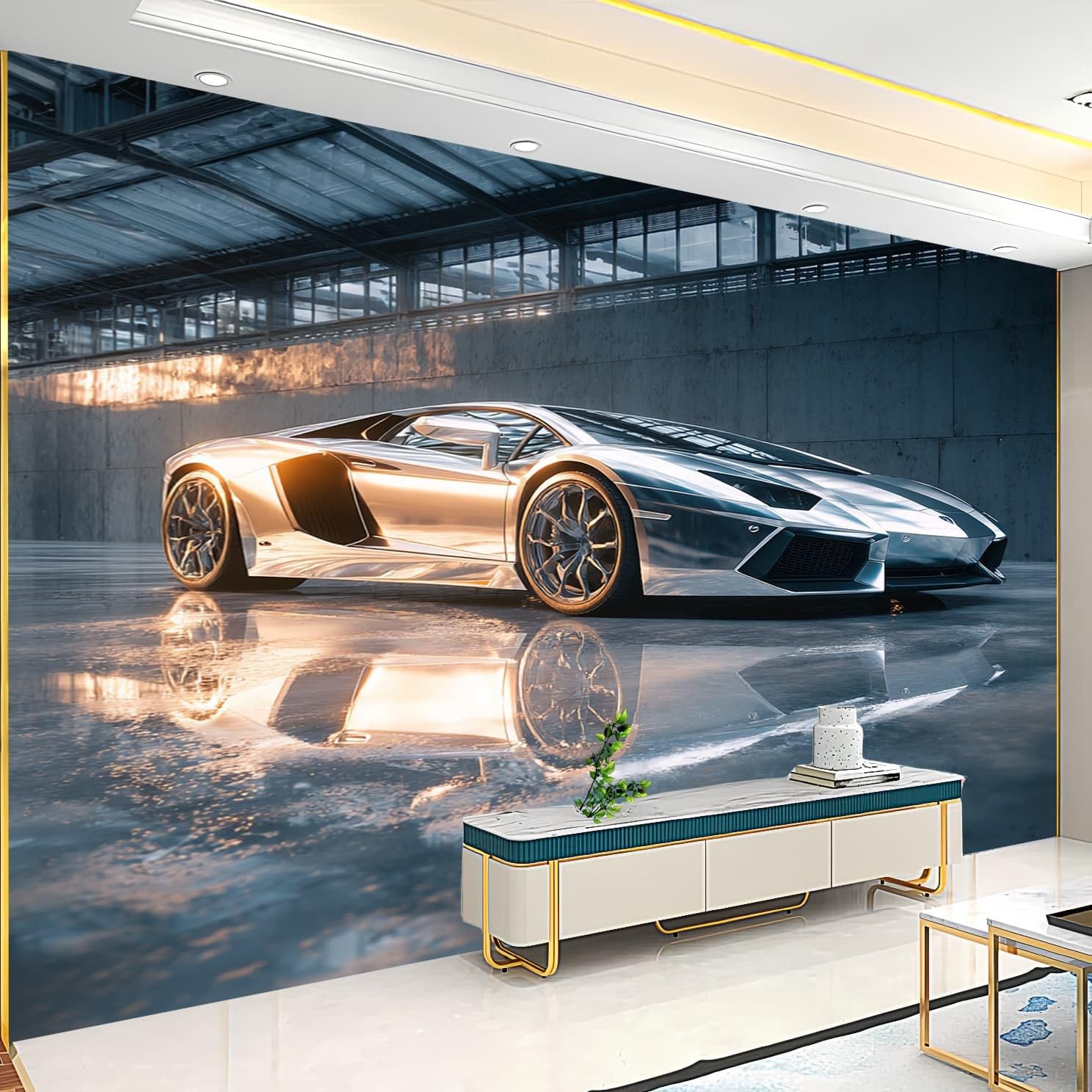 Papier Peint Intissé Mural Photo 350x256 cm Supercar Moderne Et Cool Panoramique Poster Fresque Murale Maison Bureau Restaurant Argent Intérieure Décoration Papier Peint