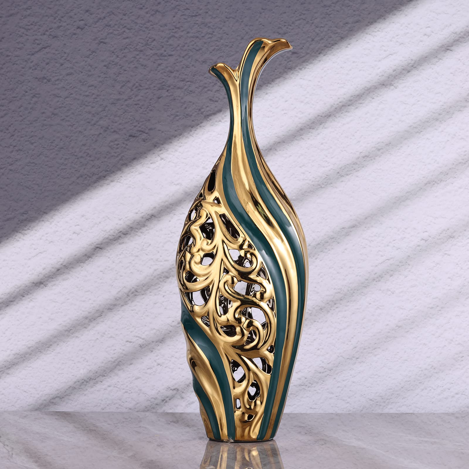 LCCCK Jarrón Alto Decorativo de Piso de 50 cm de Altura, Moderno Jarrón Grande de Piso Verde y Dorado, Decoración Premium para Bodas, Jarrón de Flores Individuales para Hierba de Las Pampas