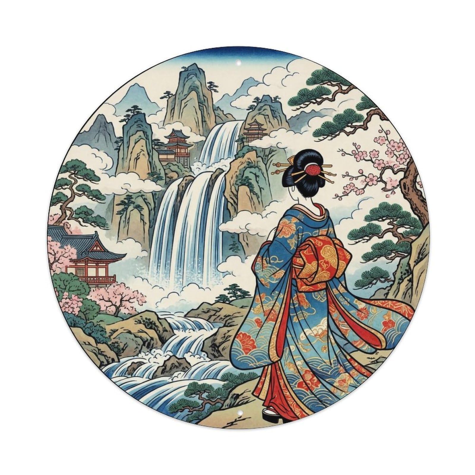 Yrnq 8X8inch Vintage Style Japanese Mountain Waterfall Geisha Watching Metal Tin Sign
