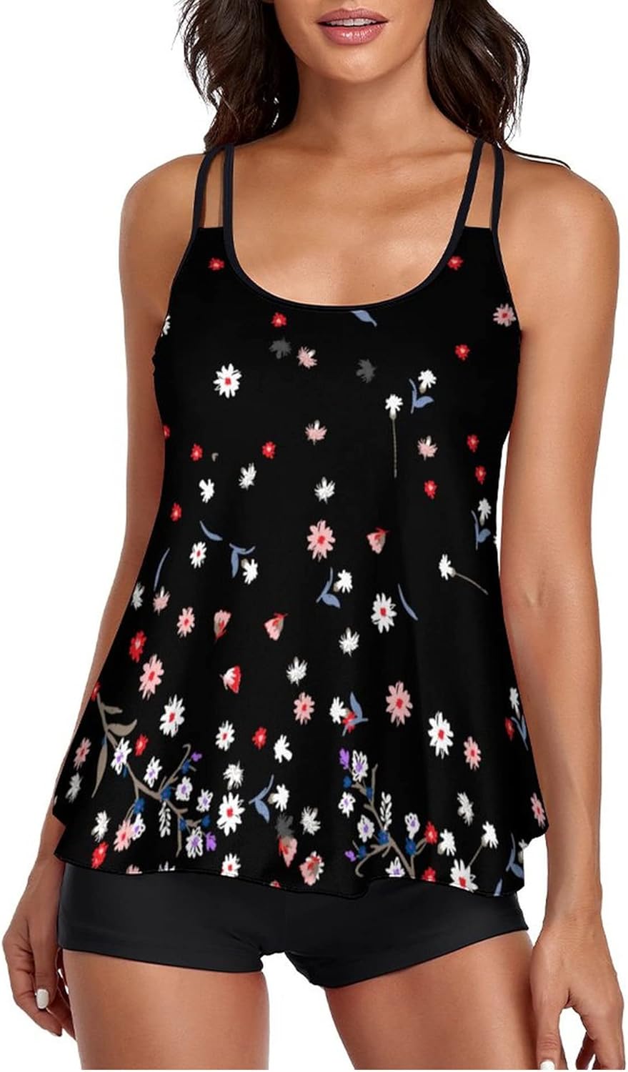 Urchics Womens 2023 Tankini Swimsuit Tummy Control Flowy Swimwear Two Piece Bathing Suits Swim Tank Top with Boyshorts 3X-Large Floral Black