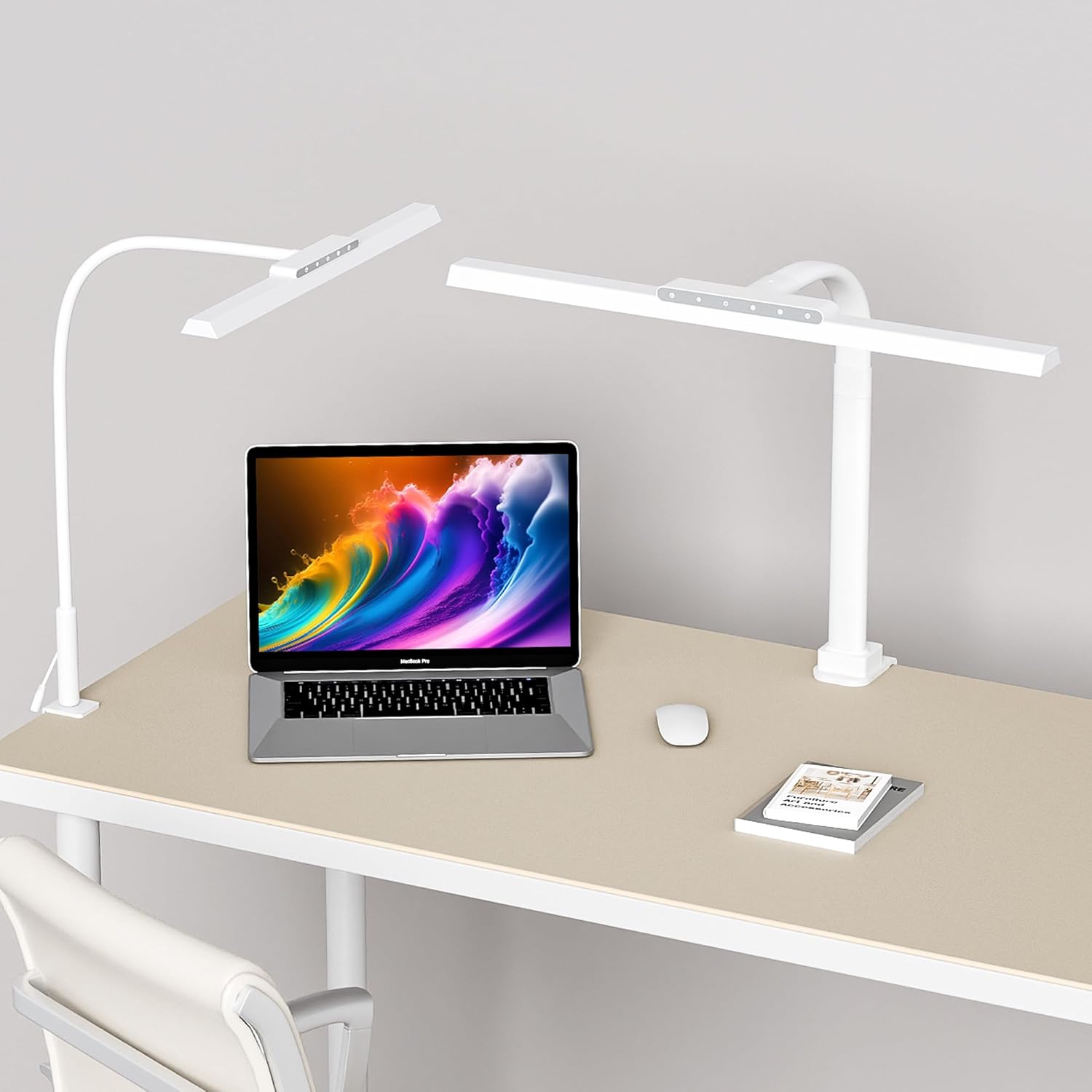 Eye-Caring LED Desk Lamp for Home Office - 24W Stepless Dimming, Flexible Gooseneck with Clamp, 5 Color Modes Architect Desk Lamp for Computer Study White Set of 2