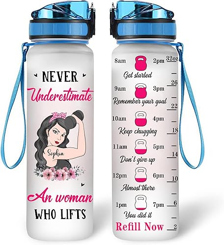 Hyturtle Botella de agua motivacional personalizada Never Underestimate a An Woman Who Lifts, 32 onzas, 1 litro, nombre personalizado con marcador