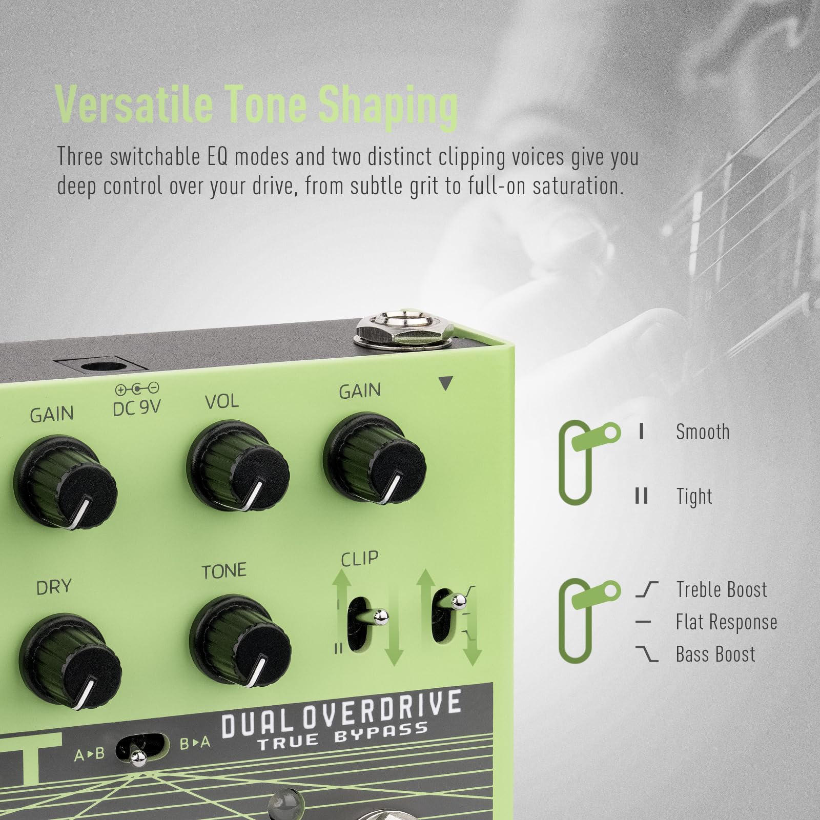 SONICAKE Overdrive Pedal para Guitarra Doble Canal Analógico 20+ Combinaciones de Tonos 3 Modos EQ True Bypass QDS-07