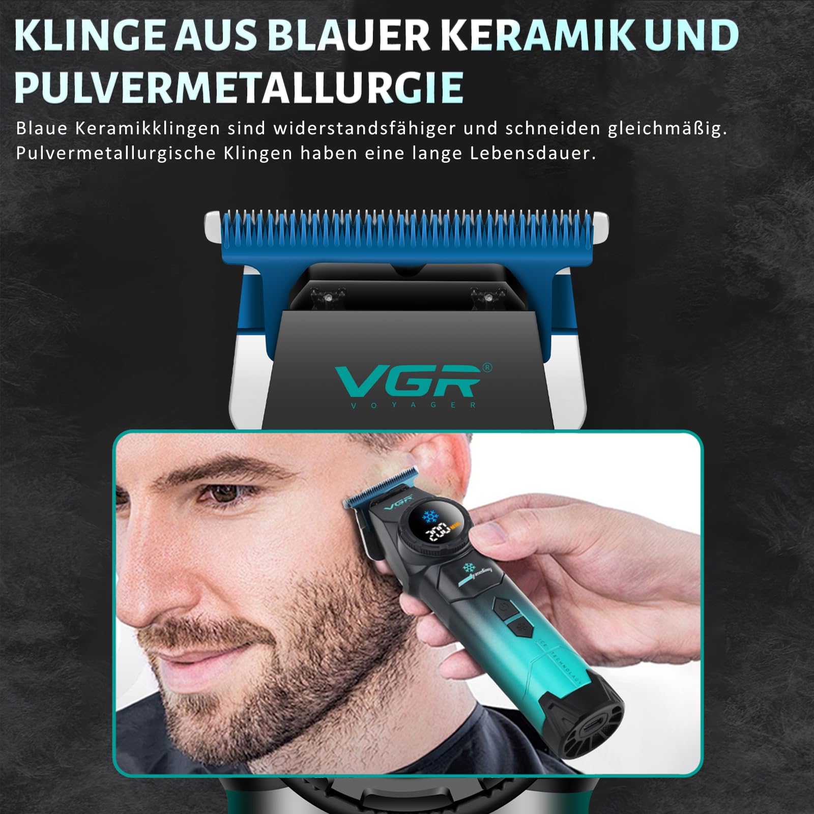 VGR 946 Haarschneidemaschine Profi für Männer, Kabelloser Trimmer Herren | Klinge Aus Blauem Keramikpulvermetallurgisch und Kühlfunktion, Haartrimmer Herren mit 8000 U/Min Motor und LED Display