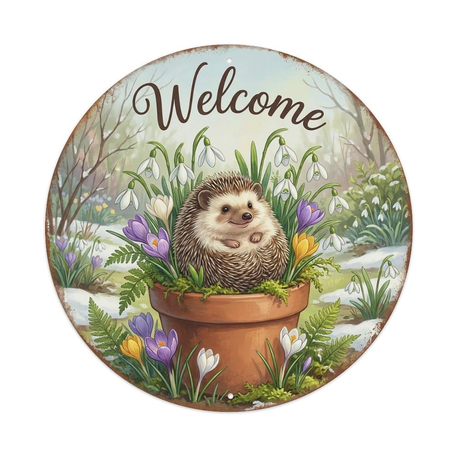 Welcome Hedgehog Snowdrop Garden Vintage Metal Tin Sign Plaque Wall Decor for Cafe, Club Bar, Office, Garden Metal Poster 8x8Inch
