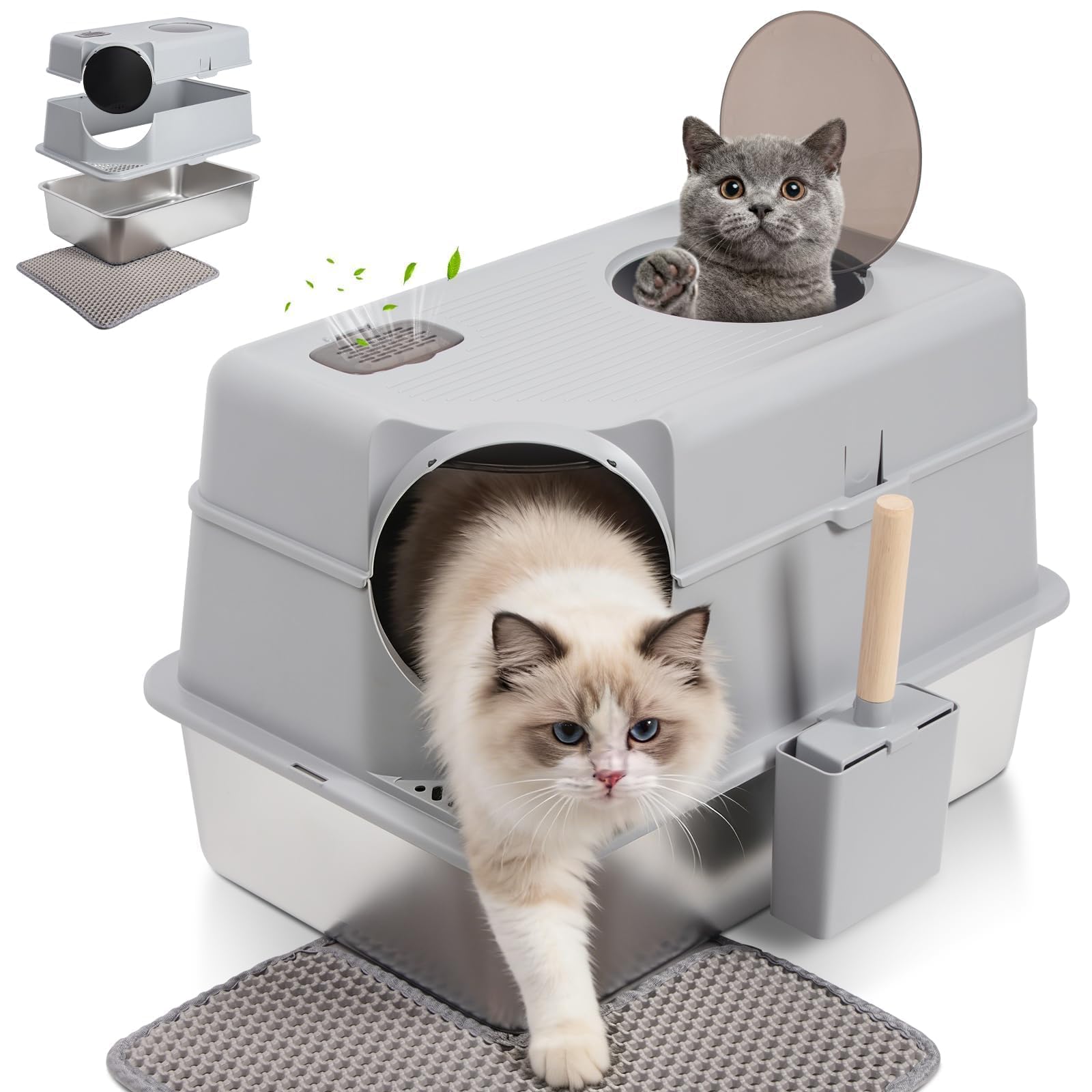 Extra Large Stainless Steel Litter Box with Lid, High Sided Enclosed Metal Cat Litter Box, Dog Proof Front Entry Top Exit, Odor Control, Easy to Clean, Leak Proof, Included Scoop & Mat