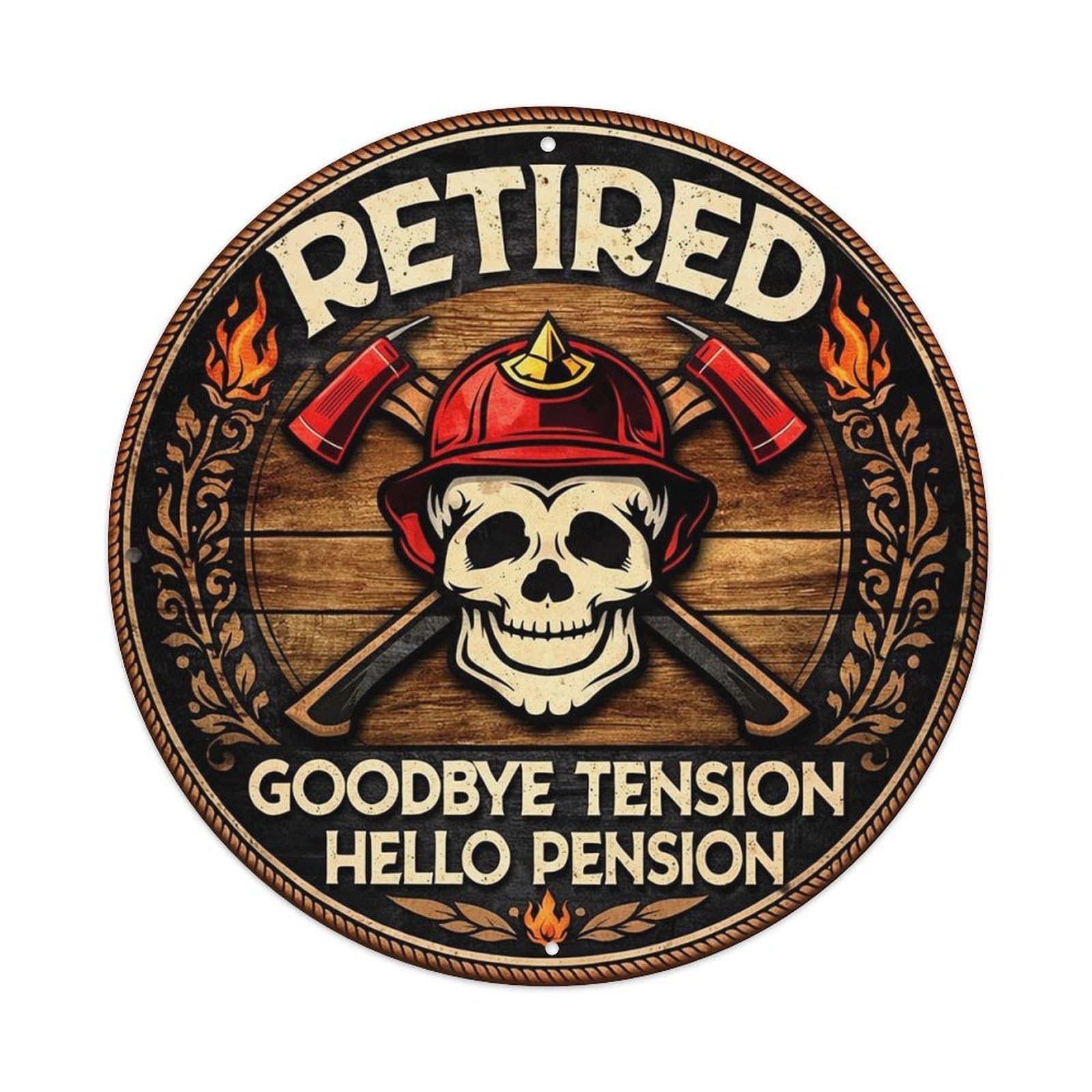Retired Firefighter Skull Axes Design Retro Metal Tin Sign, Vintage Metal Poster for home, Gaming Room, Studio Workshop,Bar,Garage Wall Art Decor 8x8 inch