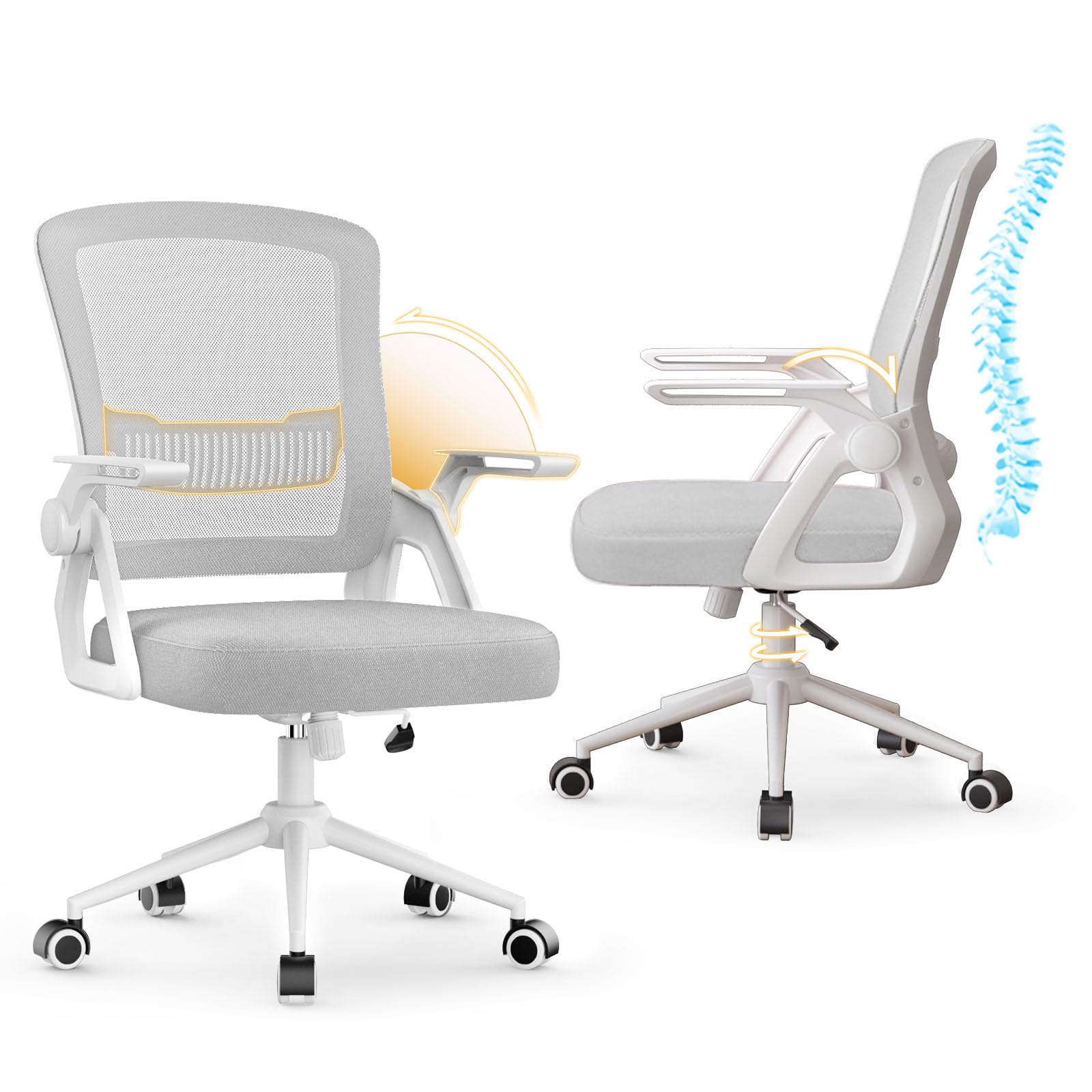 rattantree Chaise de Bureau Ergonomique pour la Maison et Le Bureau, Gris | Accoudoirs Pliables à 90°, Soutien Lombaire, Dossier Inclinable, Hauteur Réglable